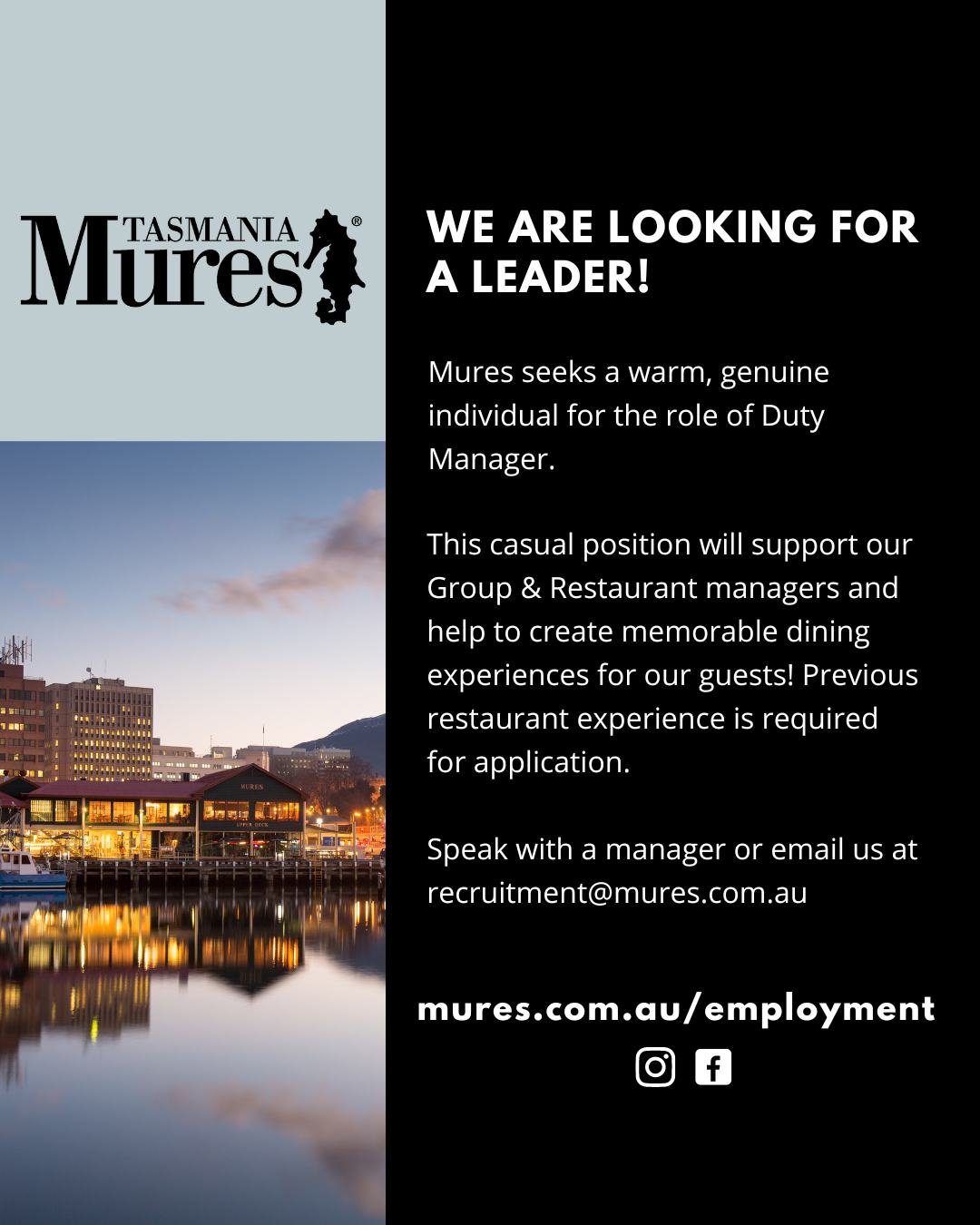 Come join the Mures crew!
.
#MuresTasmania #MuresUpperDeck #nowhiring #hobartjobs #hospitalityjobs #staffwanted #hospitality #seafoodrestaurant