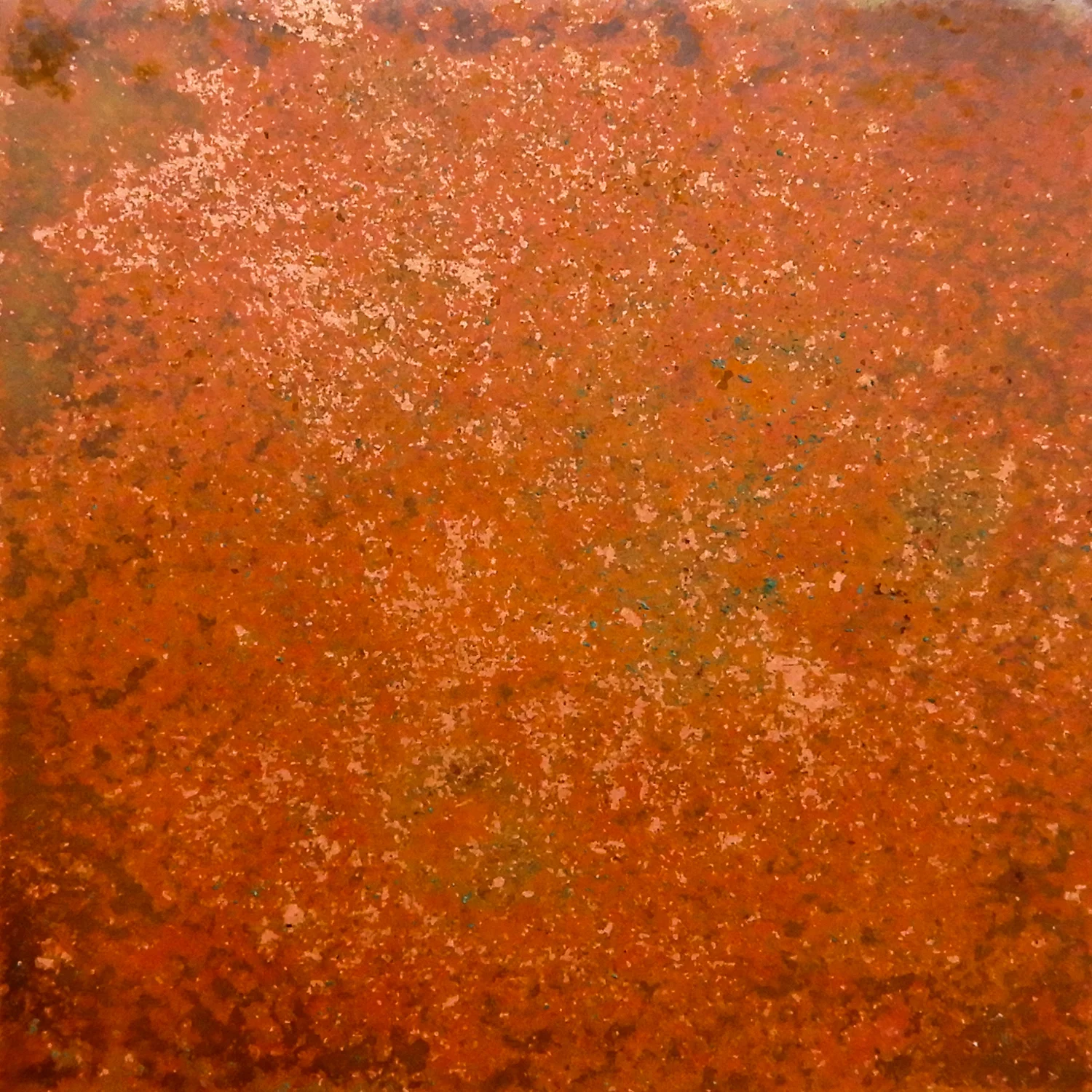Annealed and sanded by sandpaper then polished by buffing machine (Stainless steel and rouge wheels). Buried for thirteen days in sawdust and bleach. Size: 3 x 3 in
