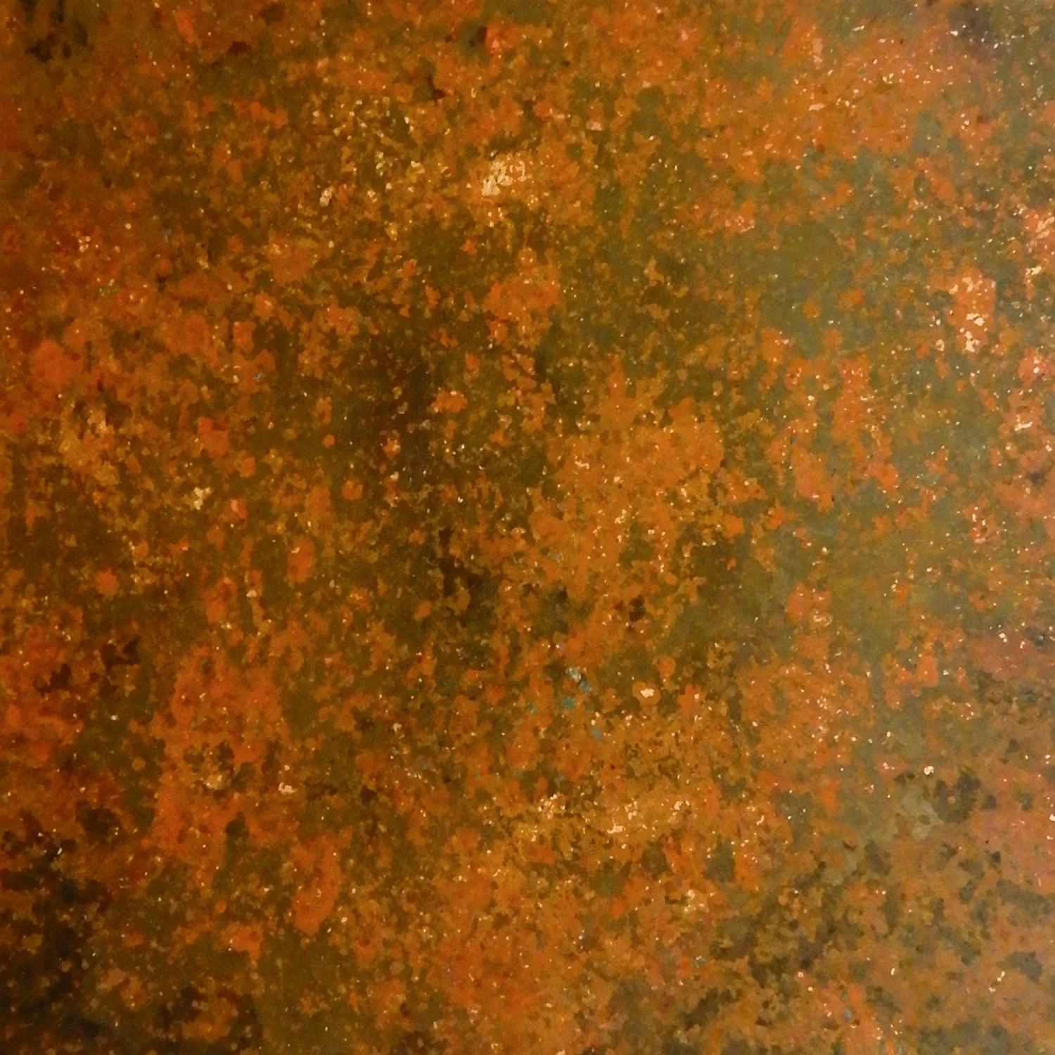 Annealed and sanded by sandpaper, and polished by buffing machine. Buried for thirteen days in sawdust and bleach. Size: 3 x 3 in
