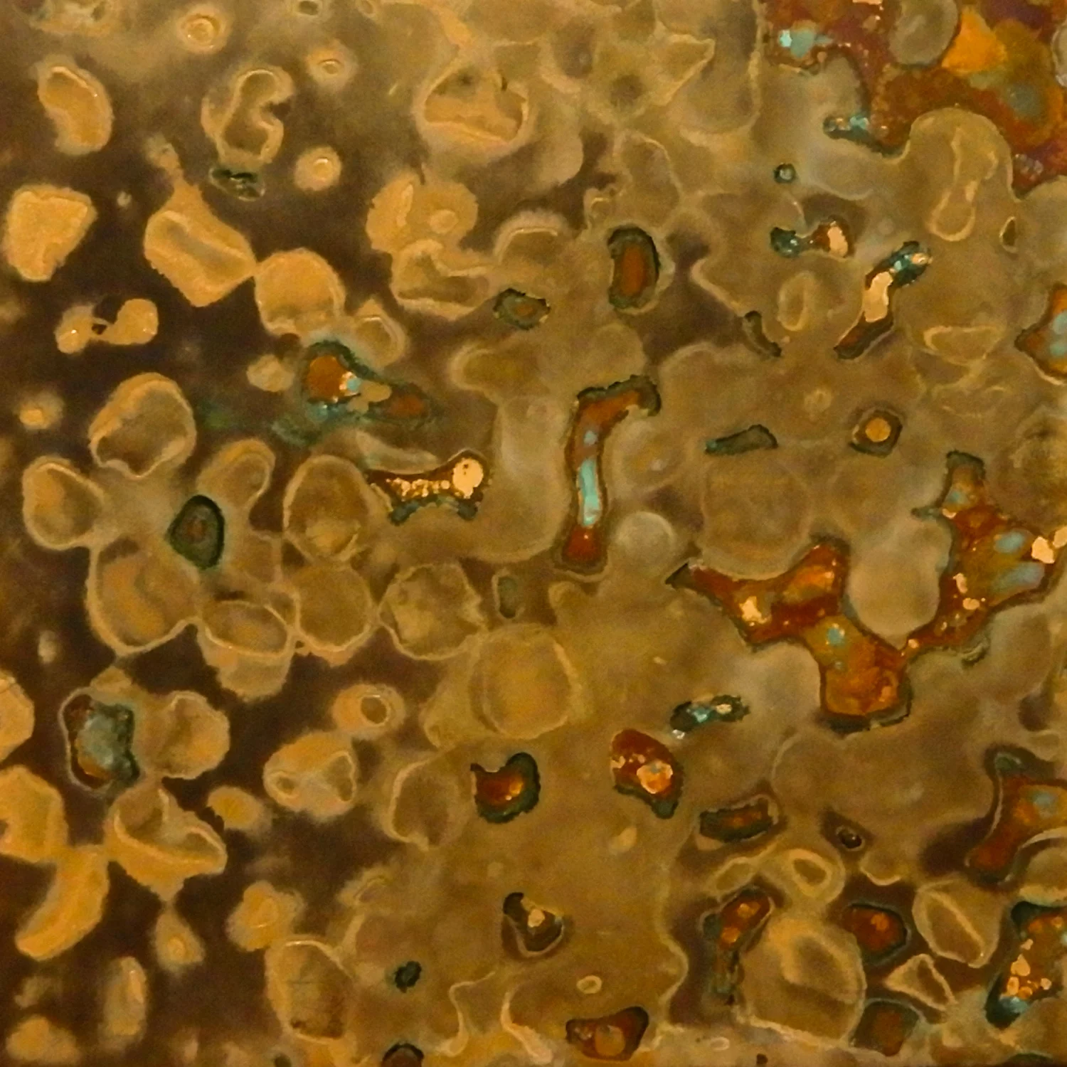 Annealed and sanded by sandpaper. Covered by lentils and soy sauce for ten days. Size: 2 x 2 in