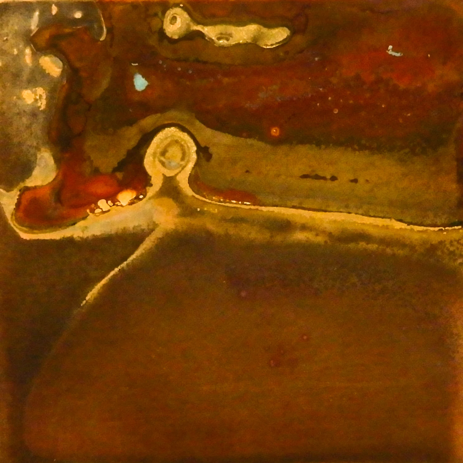 Annealed and sanded by sandpaper. Covered by soy sauce for ten days. Size: 2 x 2 in