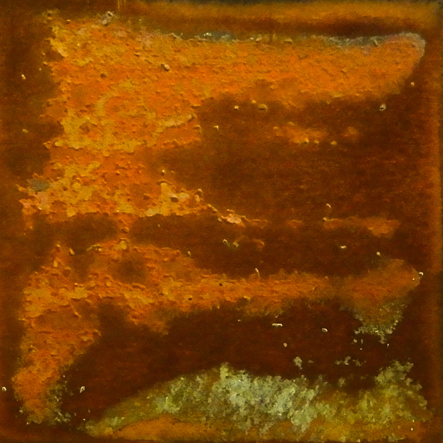 Annealed and sanded by sandpaper. Covered in ketchup for seventeen days. Size: 2 x 2 in