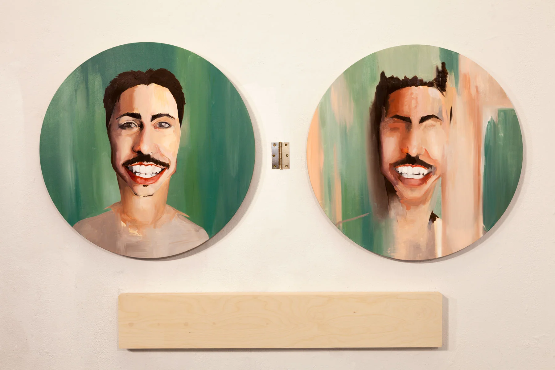  2017, Oil on wood panel, door hinge, 3 panels, 24 in. (circle panels), 36 x 8 in. (wood panel) 