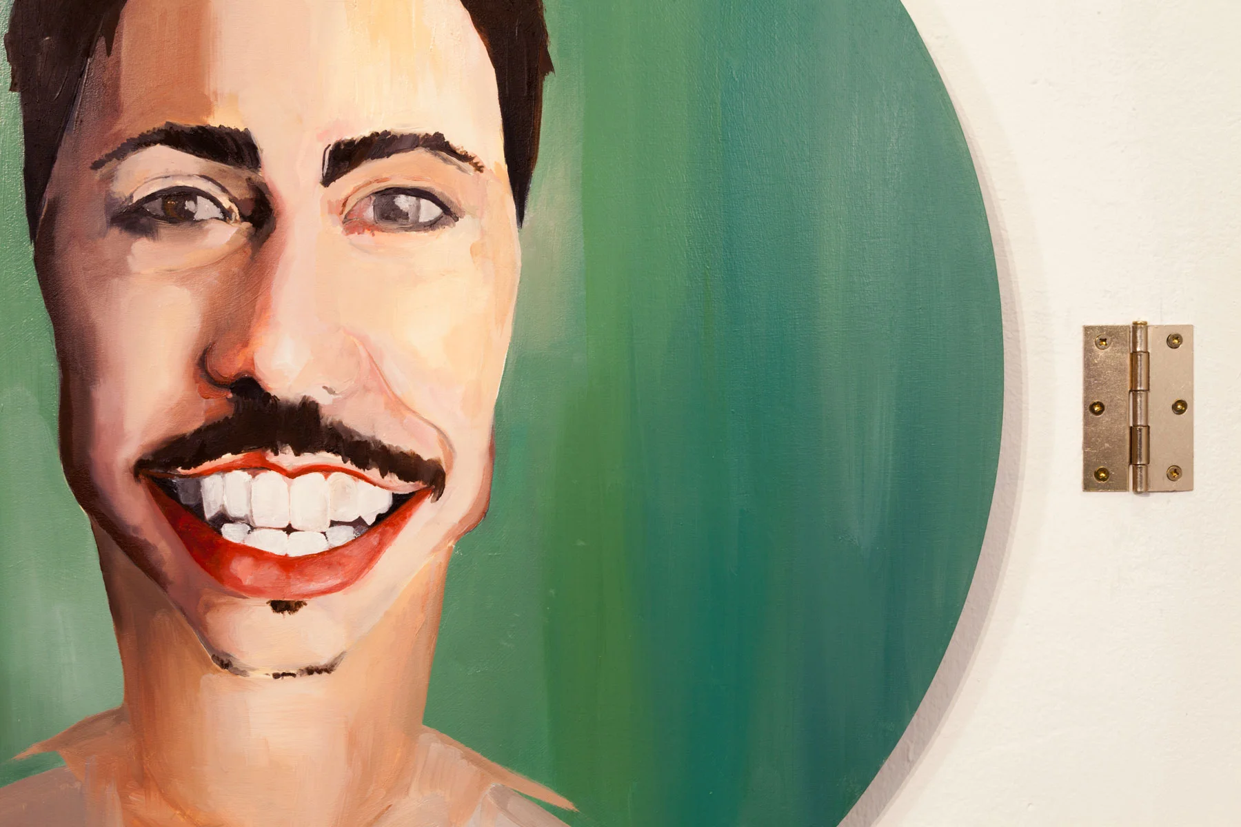  Detail, 2017, Oil on wood panel, door hinge, 3 panels, 24 in. (circle panels), 36 x 8 in. (wood panel) 