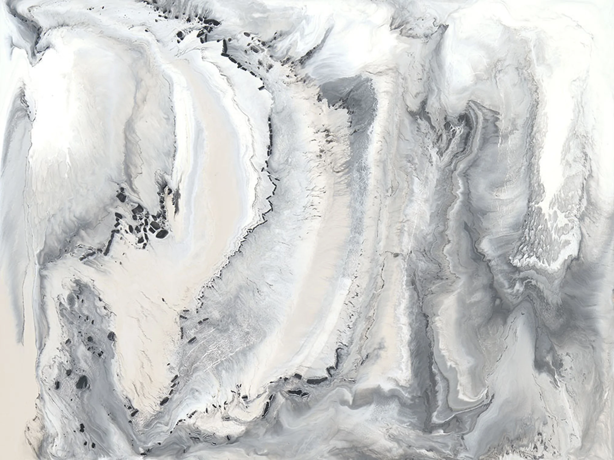 Image of Encaustic work by Seattle artist Corrie LaVelle in grays and blacks and warm beiges  appearing like waves on sand. Images is mirrored and flipped in the full design for seamless horizontal and vertical pattern matching.