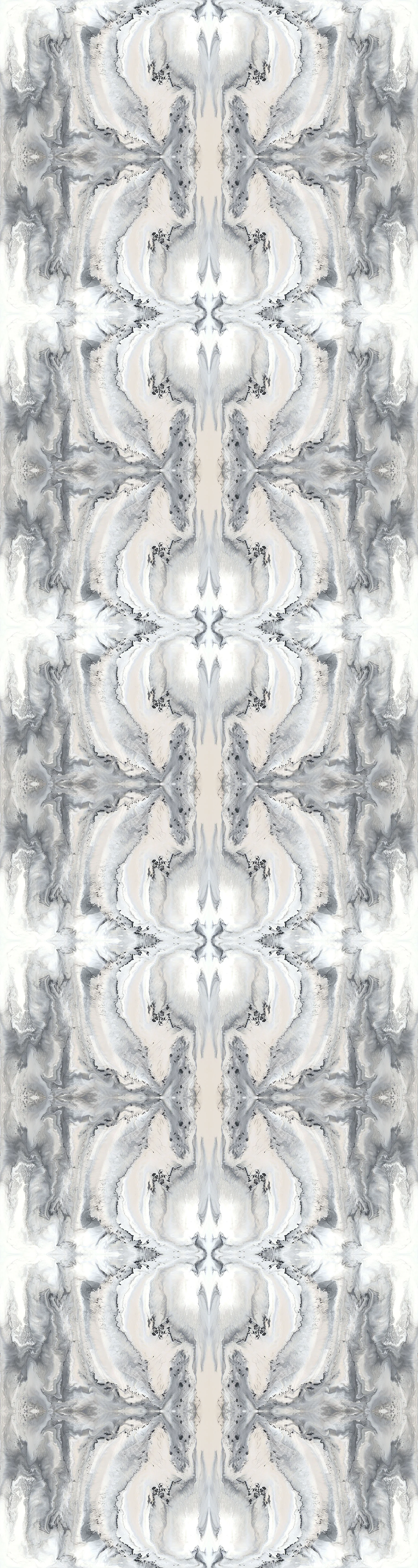 Panel of Michelle Dirkse Essence wallpaper  with five vertical repeats of organic encaustic pattern in gray black and beige for use on Interior Design, remodel, construction, and renovations projects
