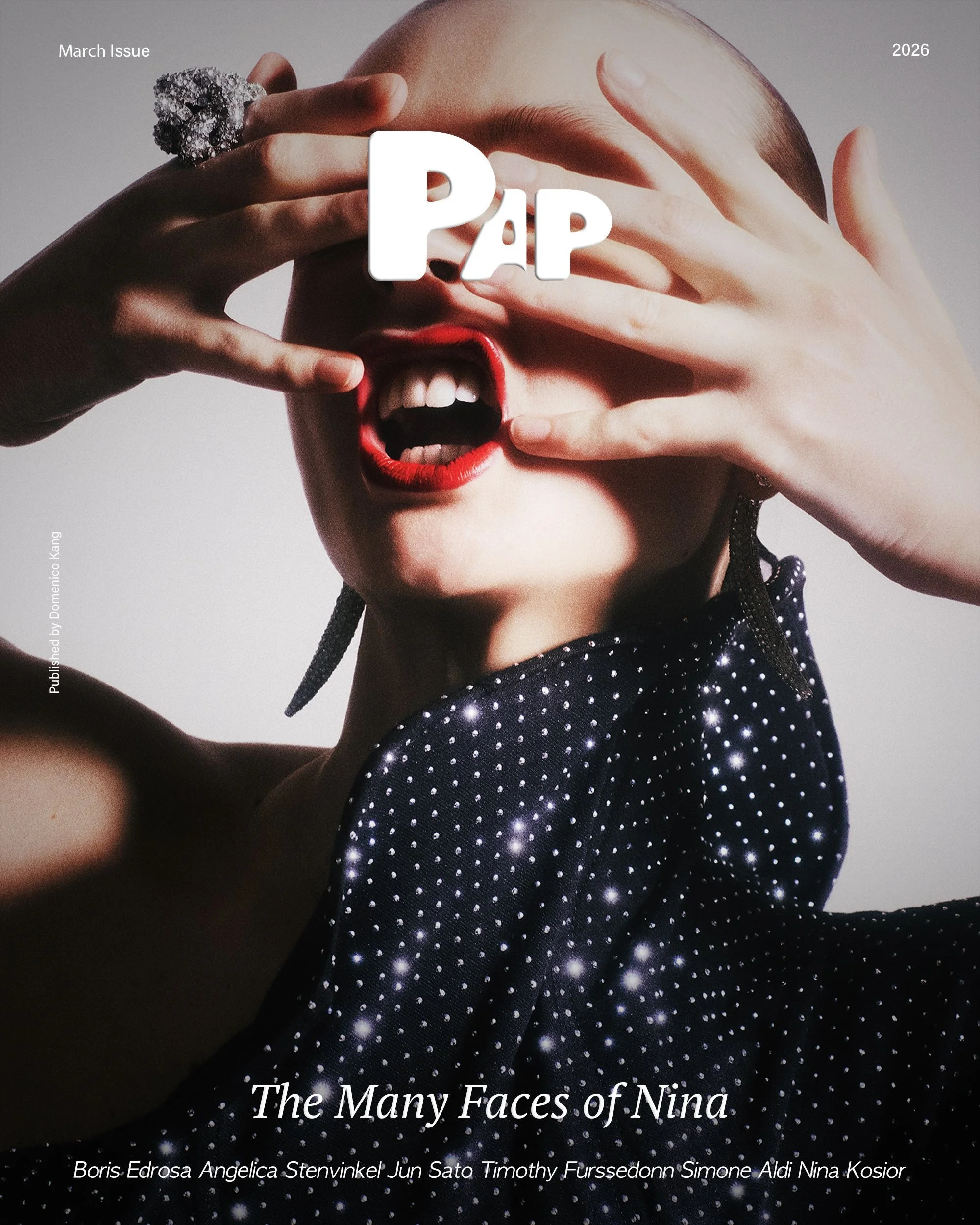 Intense close-up beauty and fashion shot focusing on expressive hands, red lips, and sparkling sequin details, captured by a leading London fashion photographer. Celebrated for provocative editorial and commercial work, this international expert crea