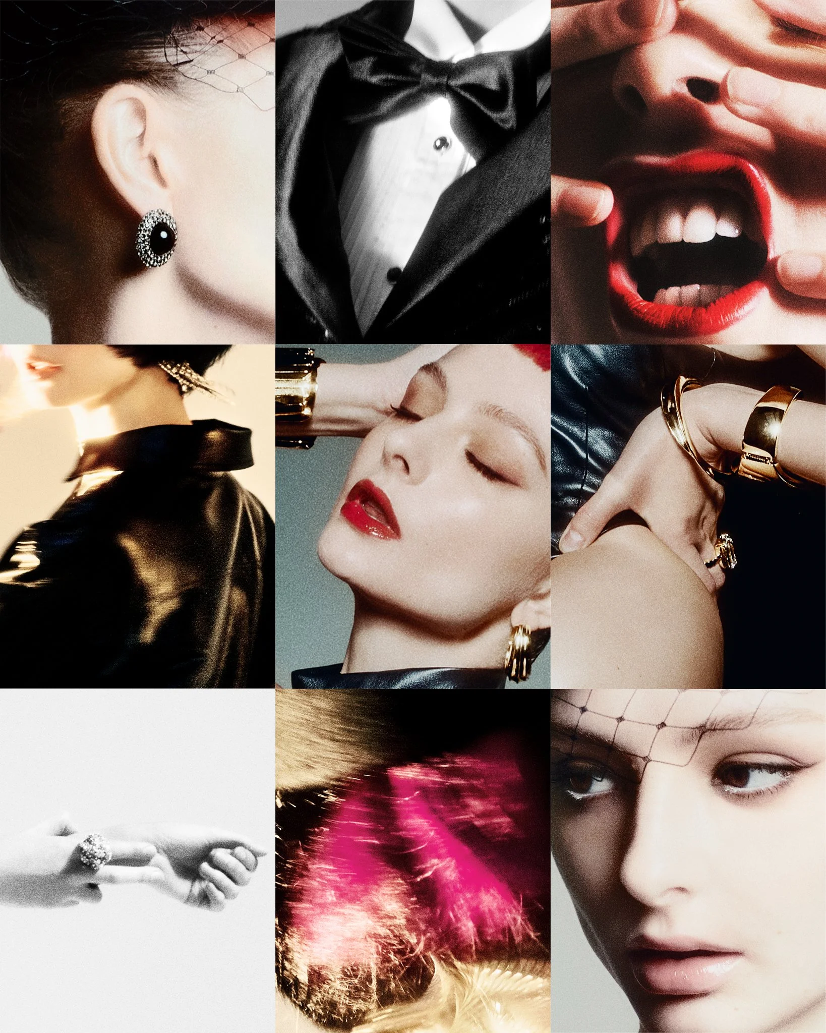 Stunning 3x3 editorial details collage from an exclusive PAP Magazine fashion shoot, showcasing intricate close-ups including a black mesh veil hat, sparkling statement earrings, glossy black bow tie, dramatic red lips, gold cuff bracelets, hot pink 