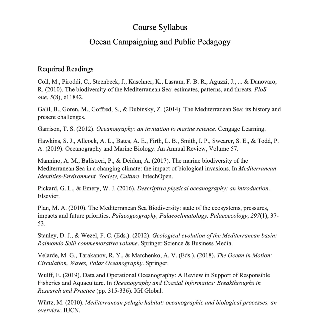 PEDAGOGY: Ocean Campaigning and Public Pedagogy (SIPHES Syllabi)