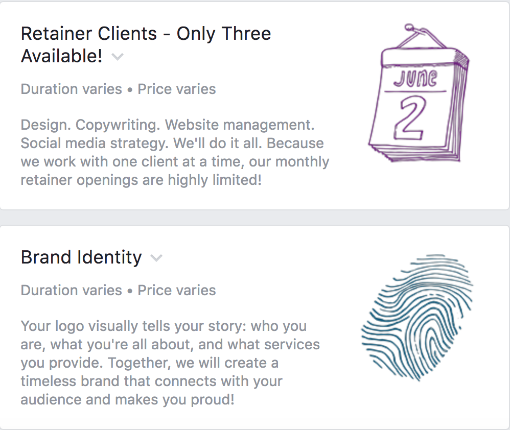 Play with new features and settings as they come available to you! On our Facebook page, we utilized the 'Services' tab as a way to promote our offerings to prospective clients