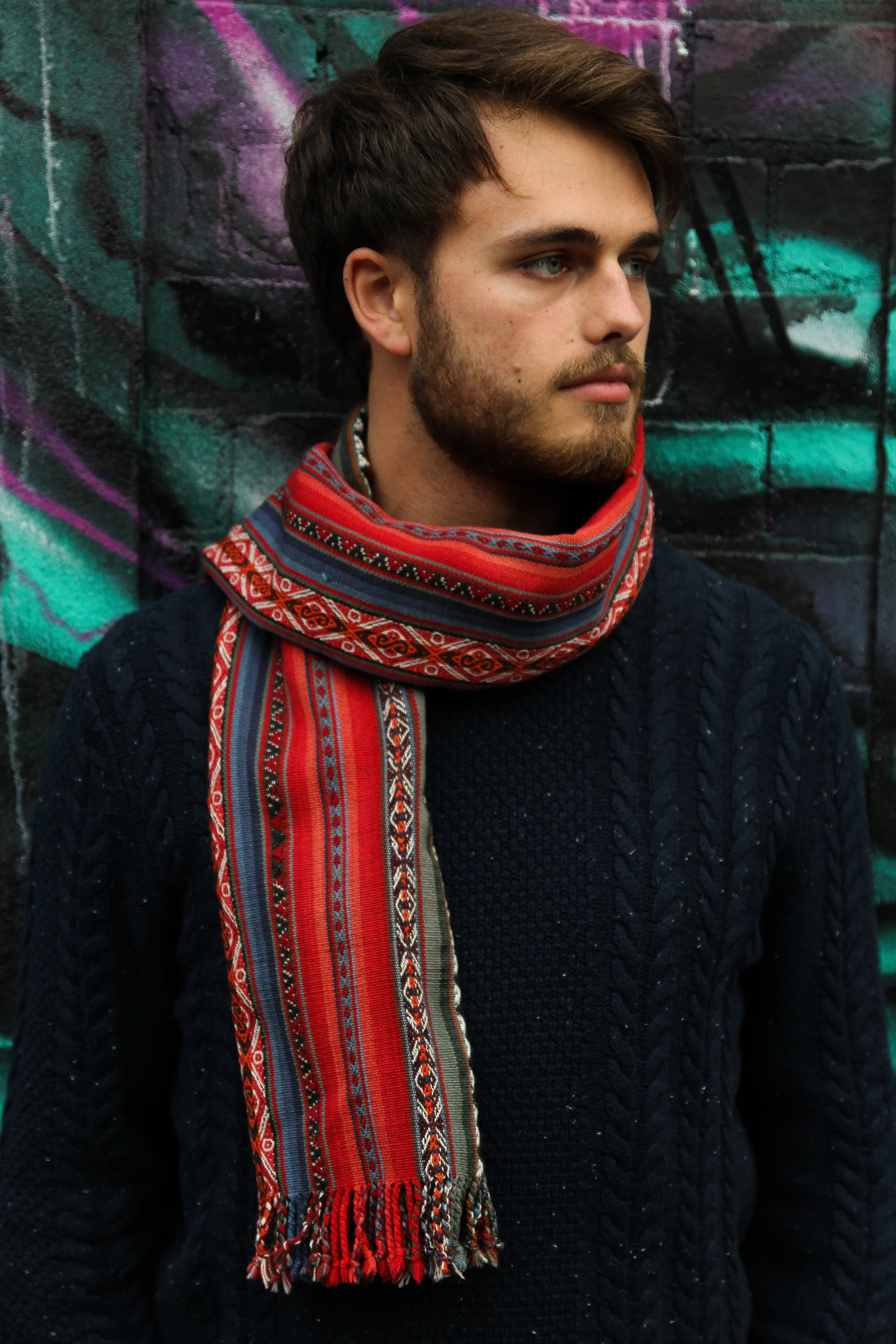 Harry Janes, featuring a handmade alpaca scarf from Chinchero, Peru 