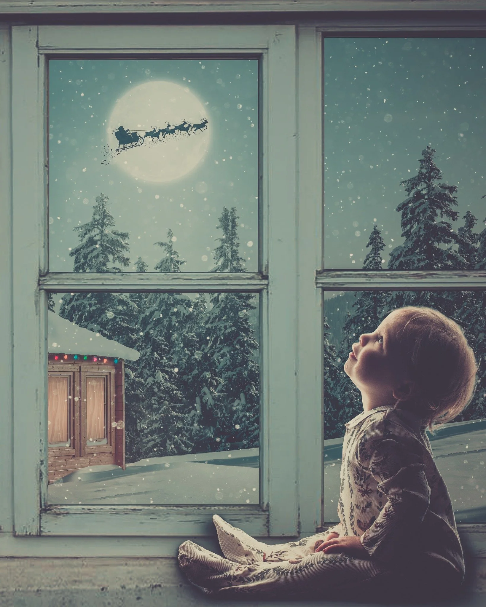 ❄️ W I N D O W ❄️

&lsquo;The Cabin at Christmas&rsquo; window scene has been created exclusively for Mama Bear Photography and features The Cabin set into the snowiest scene, surrounded by trees as Santa flies across the moon with his reindeer - fes