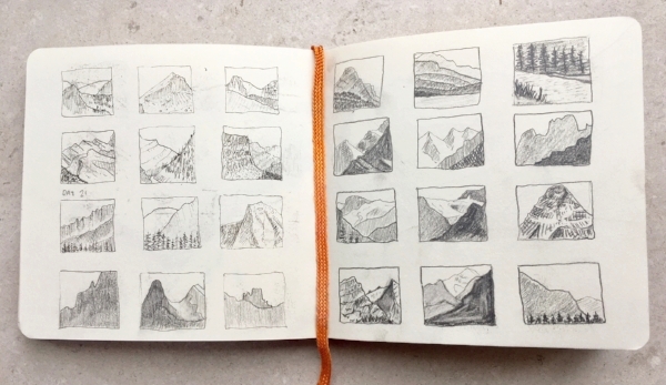 A series of (wobbly) thumbnail sketches I made while we drove along the iconic Icefields Parkway