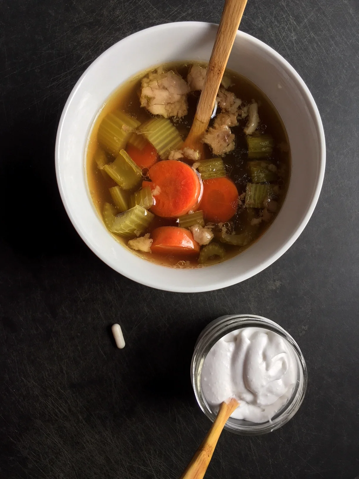 Day 1: Bone broth veggie soup + probiotic + coconut milk kefir yogurt.