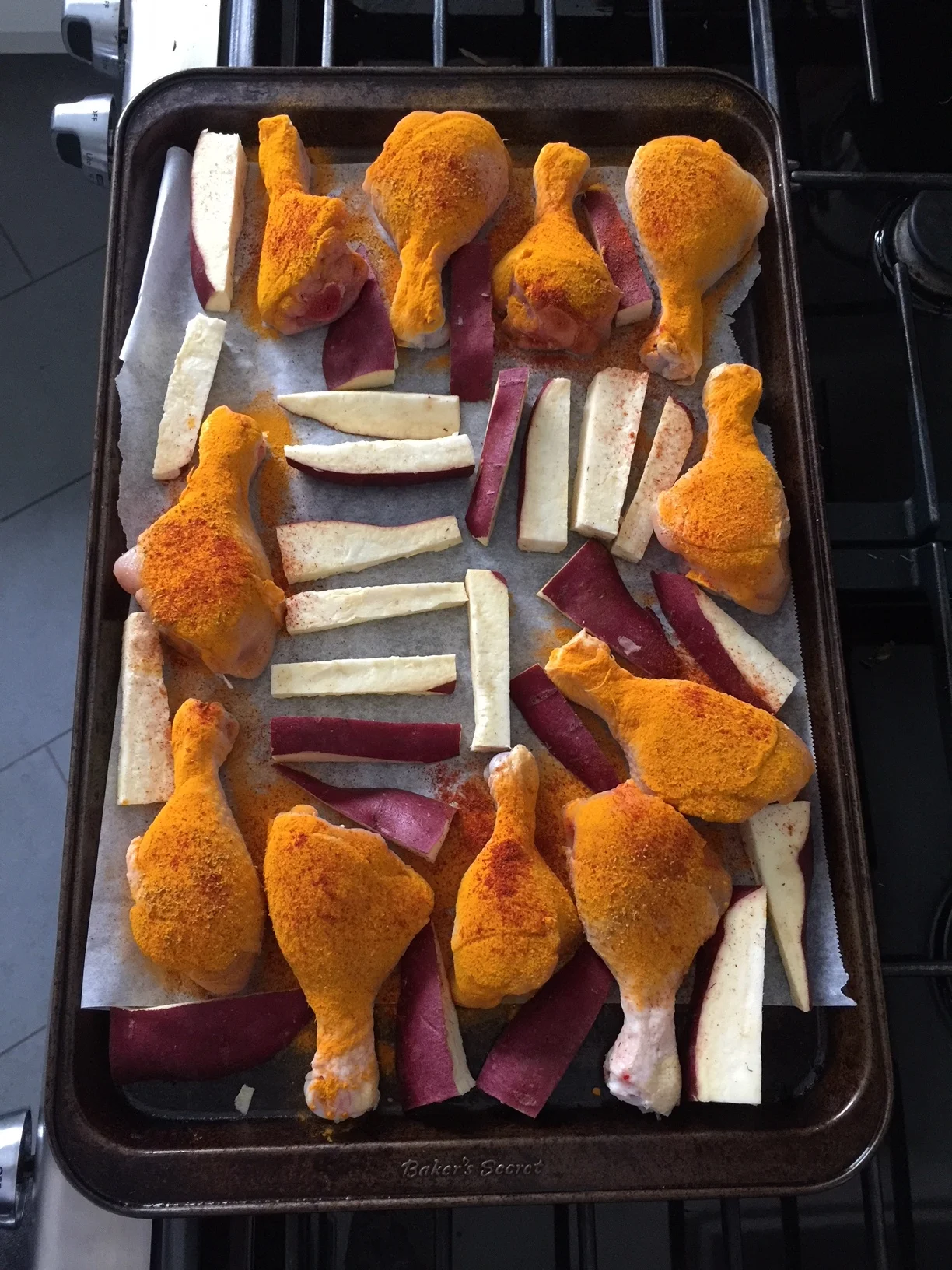 I often bake my chicken wings/ drumsticks with sweet potato fries on the same tray. Kill two birds, amiright?