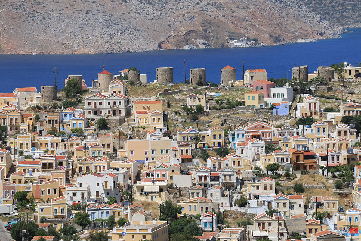 Views of Symi windmills from Old Chorio.