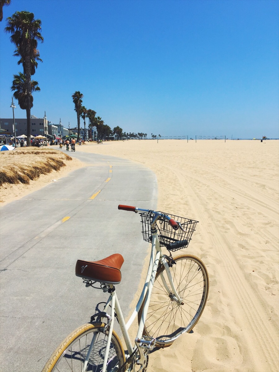 Riding along the boardwalk from Santa Monica to Venice Beach.