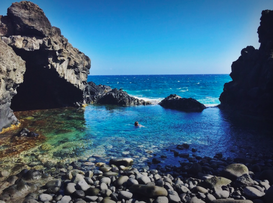 Me! Swimming in hidden rock pools at the end of the Hoapili Trail, in the Lava Rock Fields of La Perouse, on Maui.