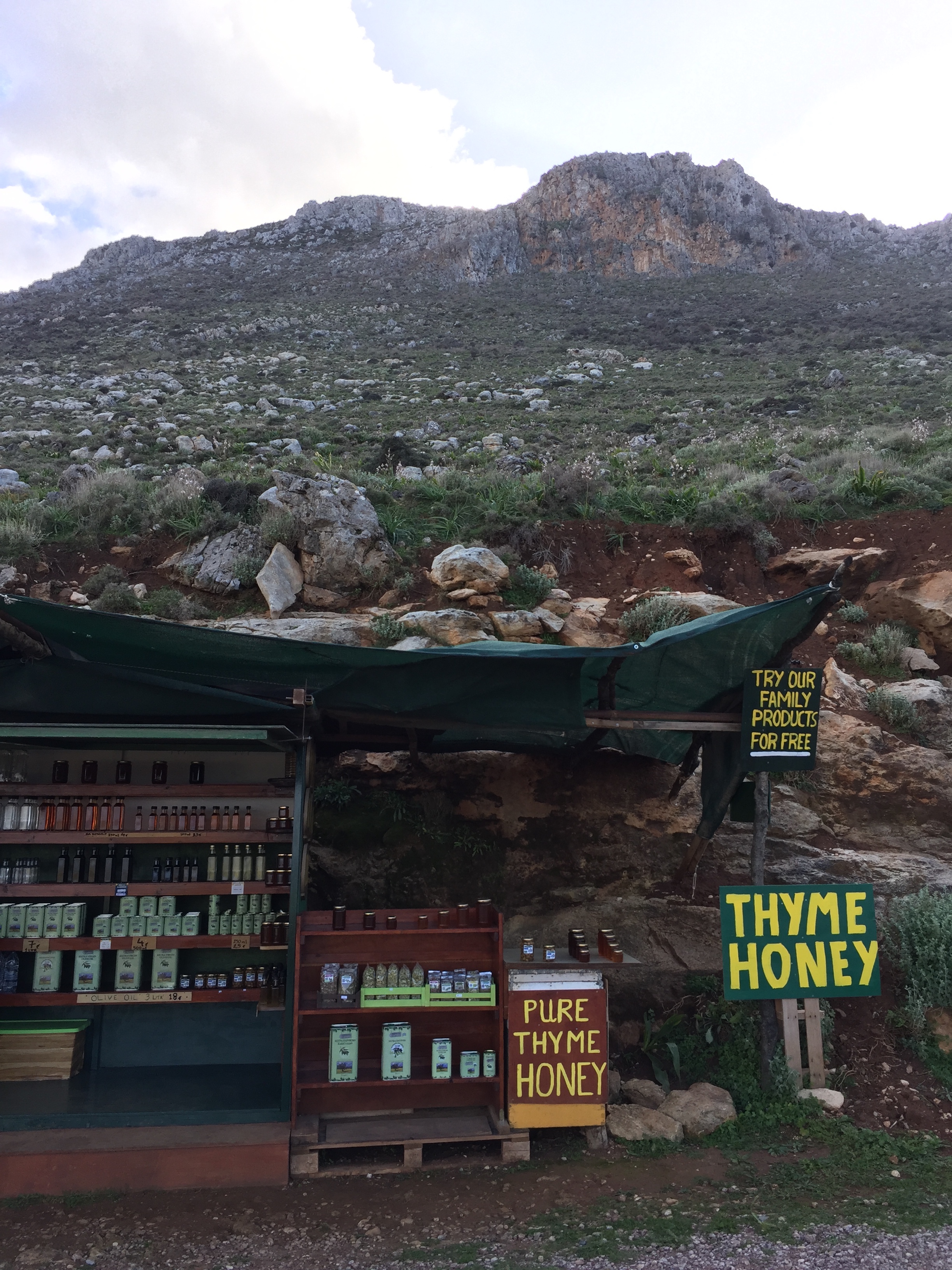 Wild thyme honey, bought at a little stall on the side of the road, on the back end of Balos beach, hand packaged by a local Greek family.