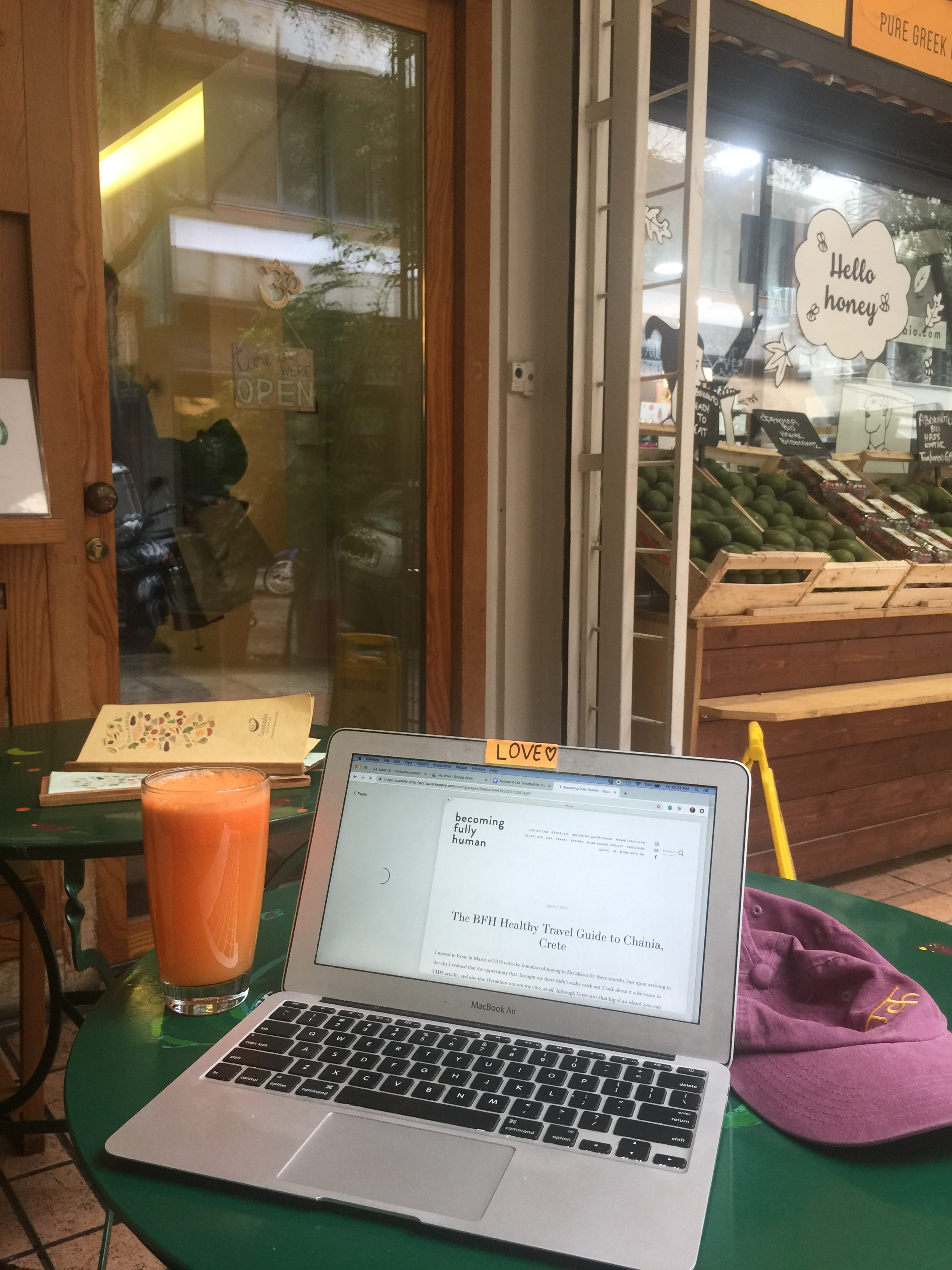 Working on this article! From an organic café in Athens, Greece (with a big glass or carrot, ginger, lemon juice).