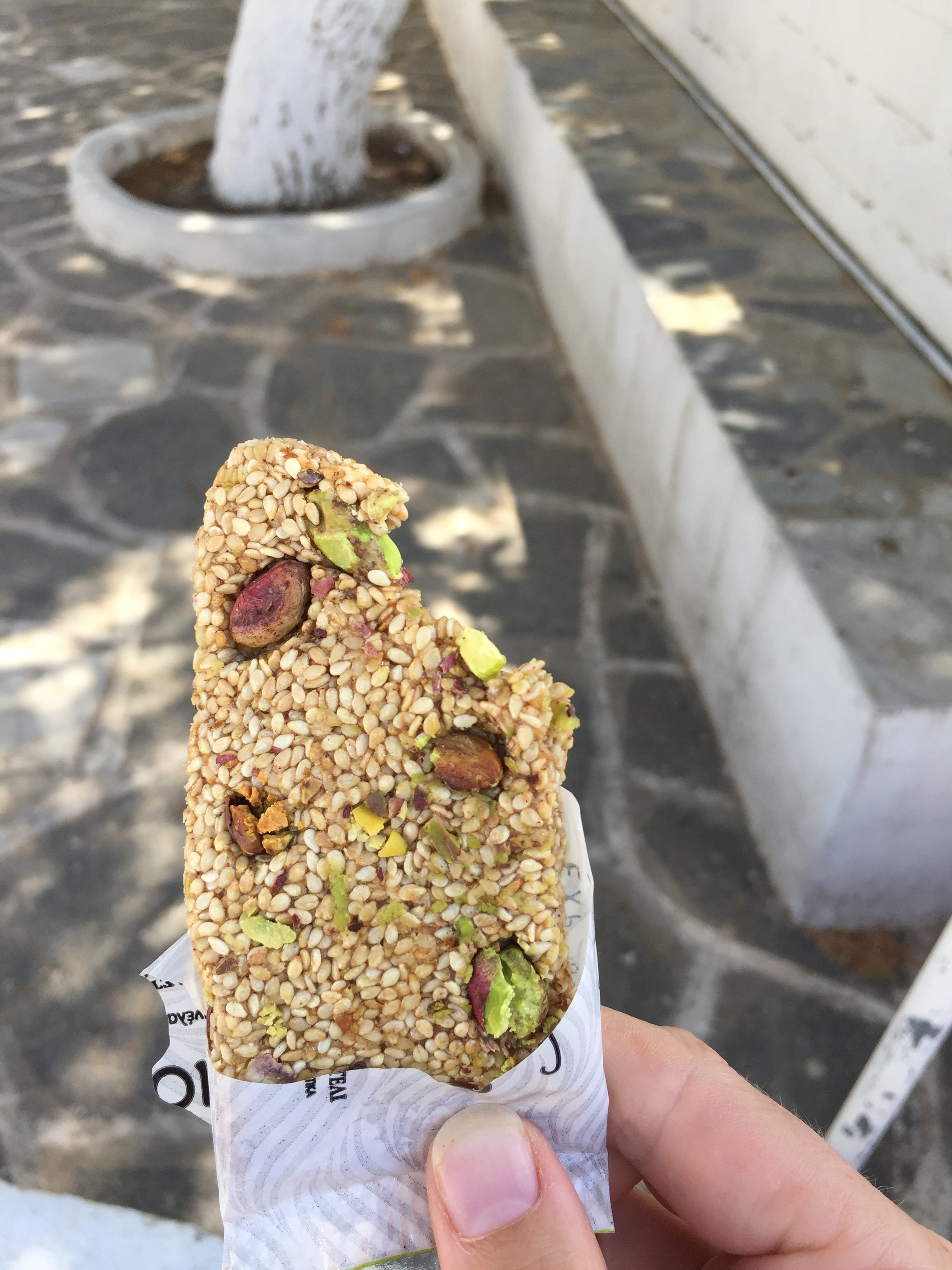 Honey, sesame, and pistachio bars from the little mini mark, in Prodromos.