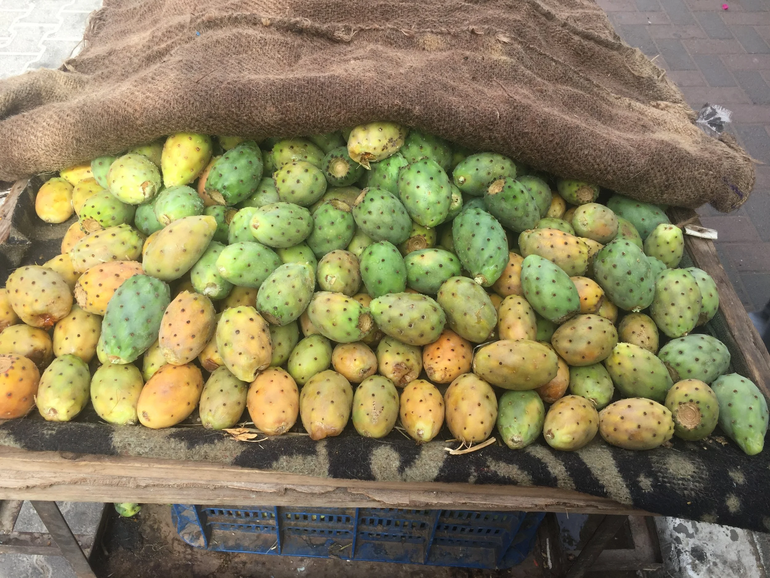 Prickly pear (the fruit of a cactus tree) are abundant in the late summer, and cost 1 dirham each (about 10 cents!). Ps. You can swallow the seeds whole.