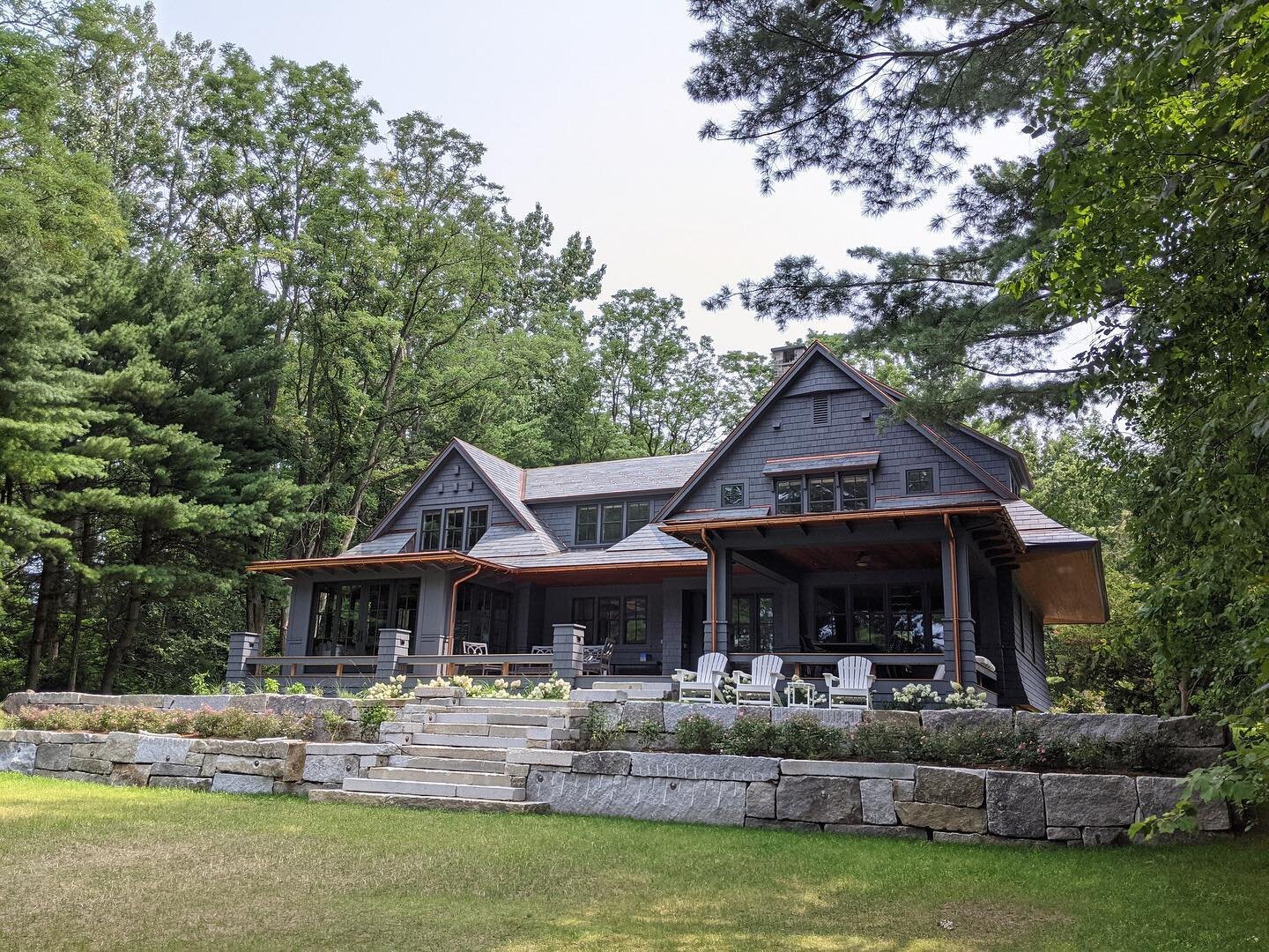 Vermont &ldquo;Mottled gray&rdquo; slate with copper trims and flashings, and block-soldered copper window wells installed on this expansive new build in Shelburne Bay for @redhousebuilding in fall 2020. Project foreman: Trevor Therrien.  McElwain Co