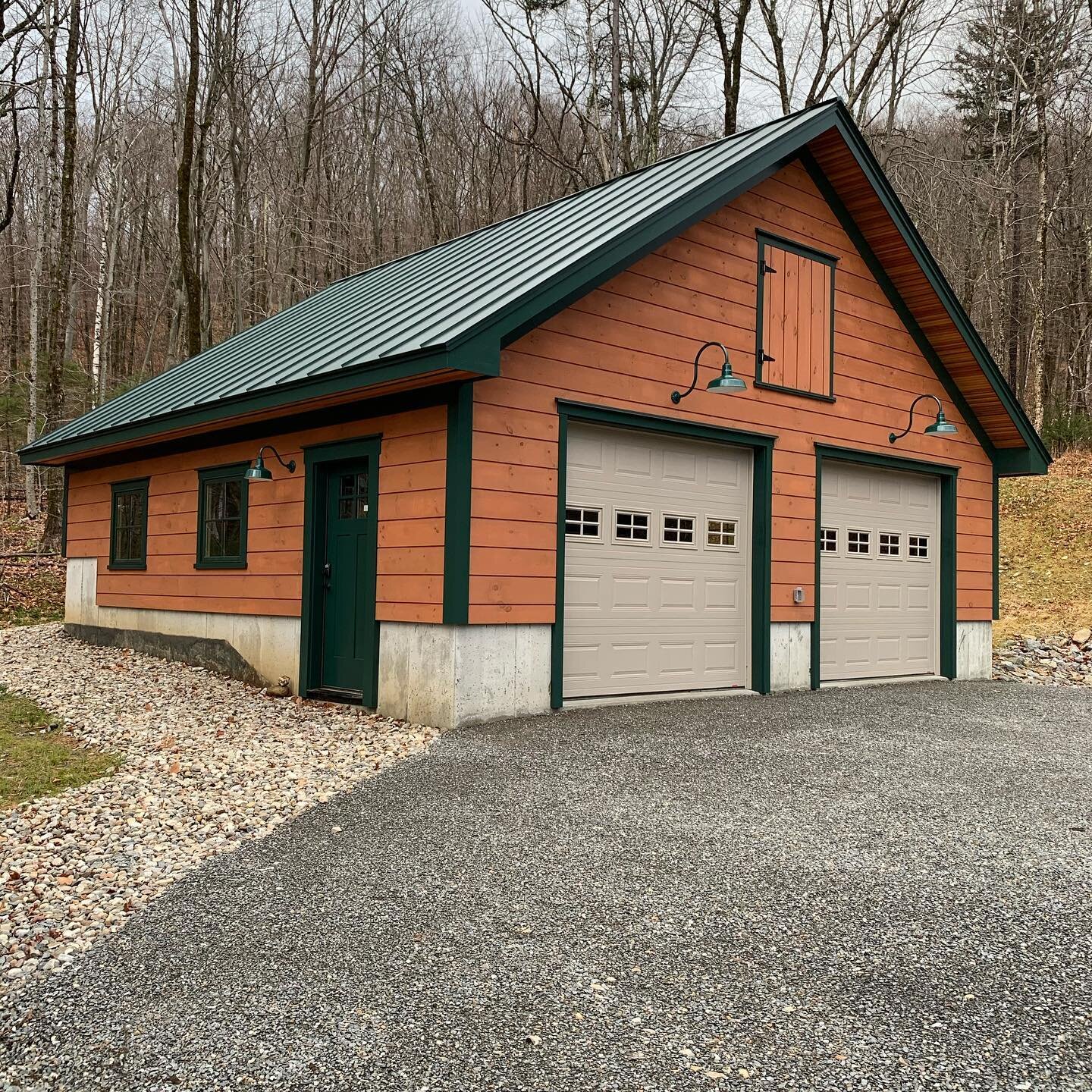 New 28x28 garage with attic storage constructed spring 2020 featuring @themarvinbrand windows, Englert Hartford green standing seam roof, combed horizontal shiplap siding