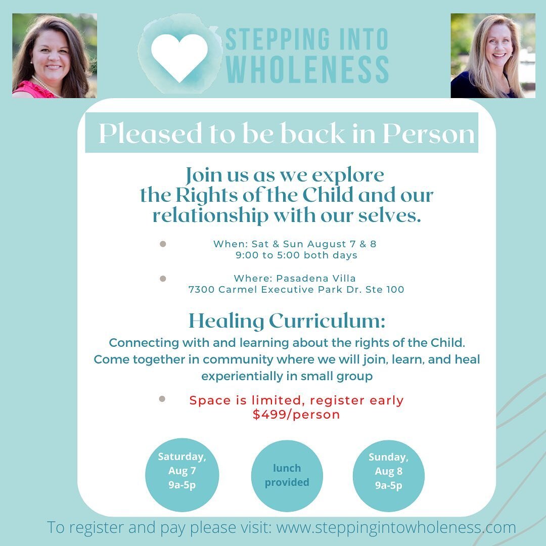 Sheila is collaborating with Amber Tolbert from Fort Mill Psychotherapy once again for an 𝒊𝒏 𝒑𝒆𝒓𝒔𝒐𝒏 Stepping Into Wholeness workshop on August 7th and 8th!! 

This workshop will help you reclaim your inner self. You will walk away with a deep