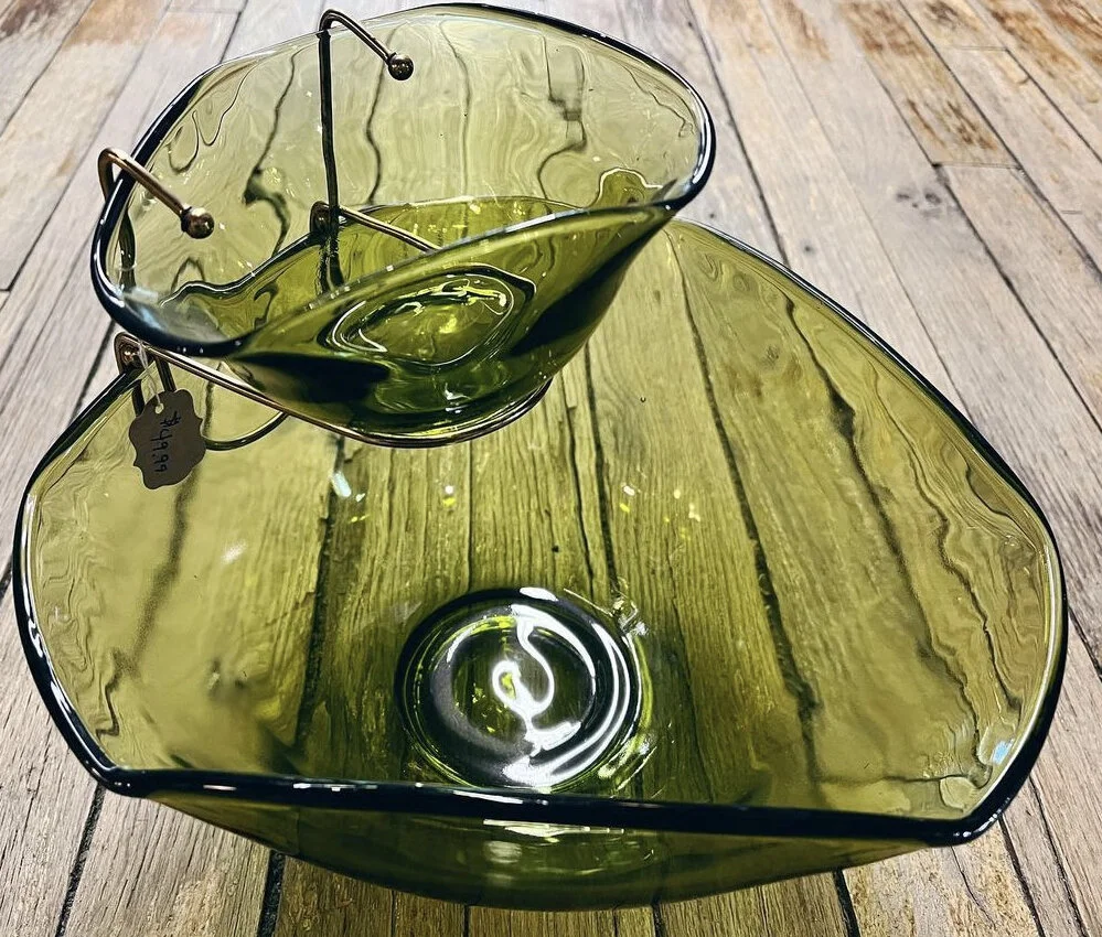 1970s Avocado Green Glass Chip and Dip Set The NAT