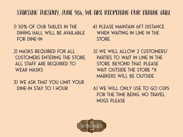 Hi all, Jenny Song here- co owner of Songbird. We&rsquo;re opening our dining hall back up on Tuesday after 11 weeks. It&rsquo;s been surreal but over the past 11 weeks, we have seen some of the most generous and thoughtful acts of kindness we&rsquo;