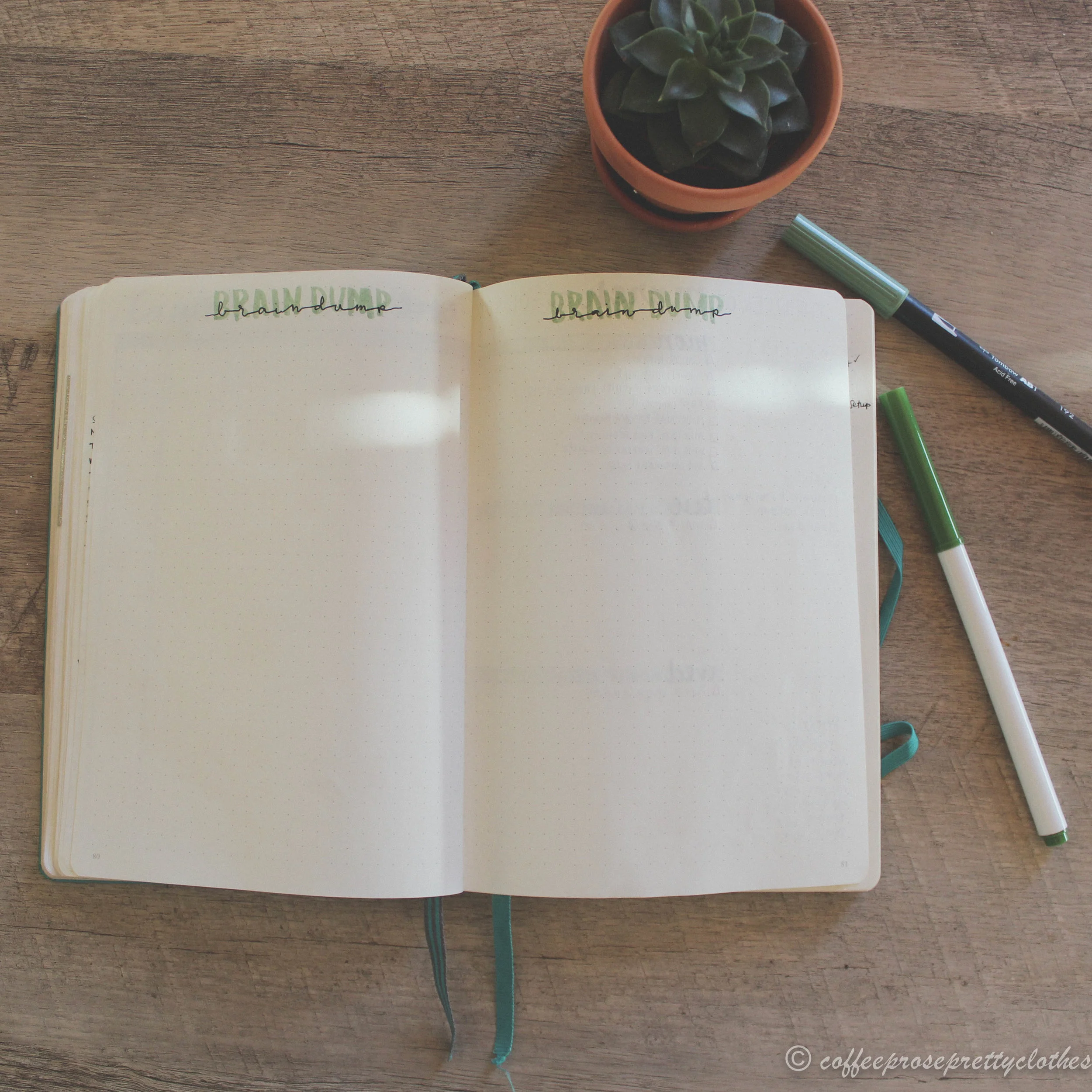 April bullet journal brain dump spread with tropical leaf theme