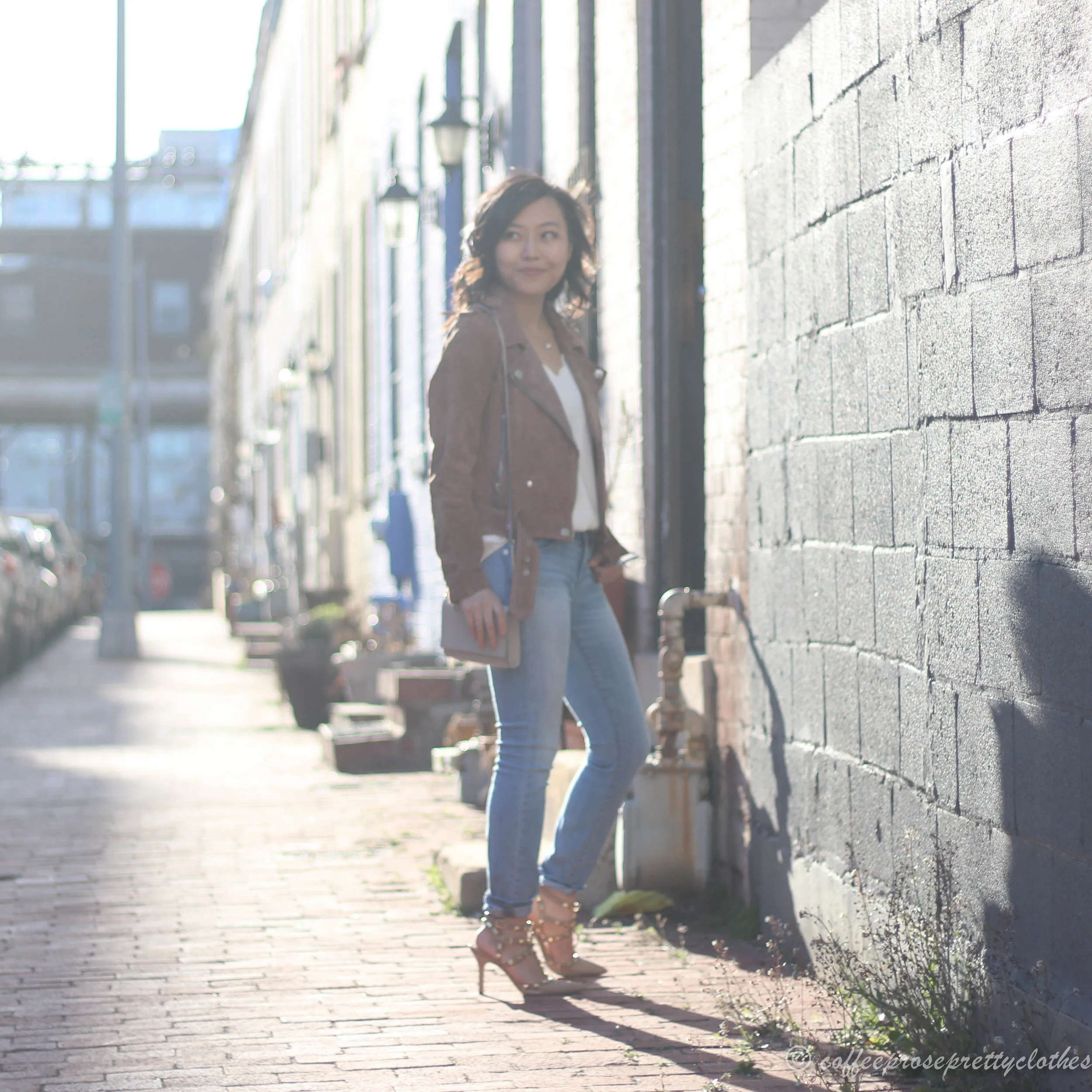 Snippets Of Spring Scalloped Cami And Suede Moto Jacket Coffee