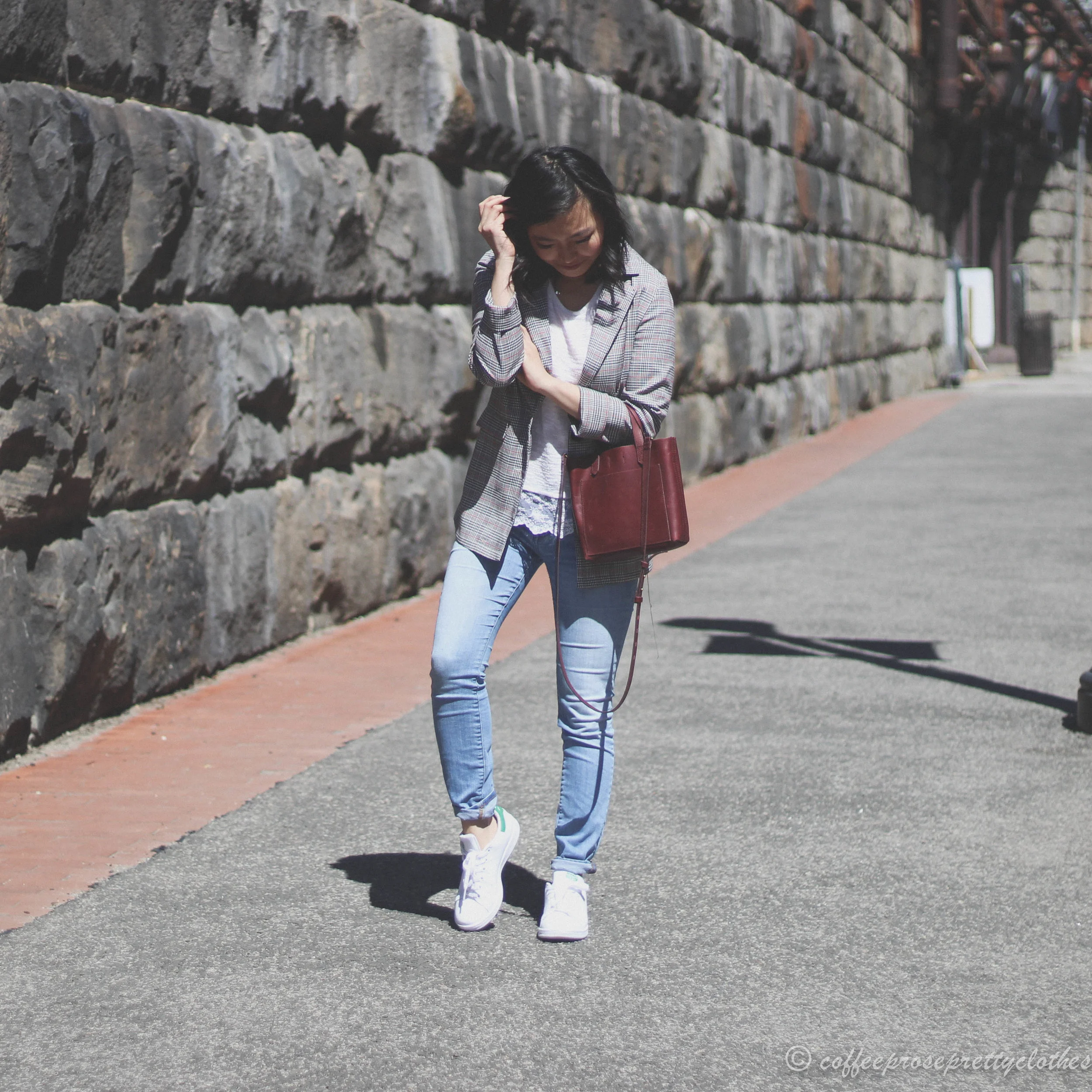 ASOS Blazer, H&M lace hem sweater, Adidas Stan Smith, Madewell Small Transport crossbody