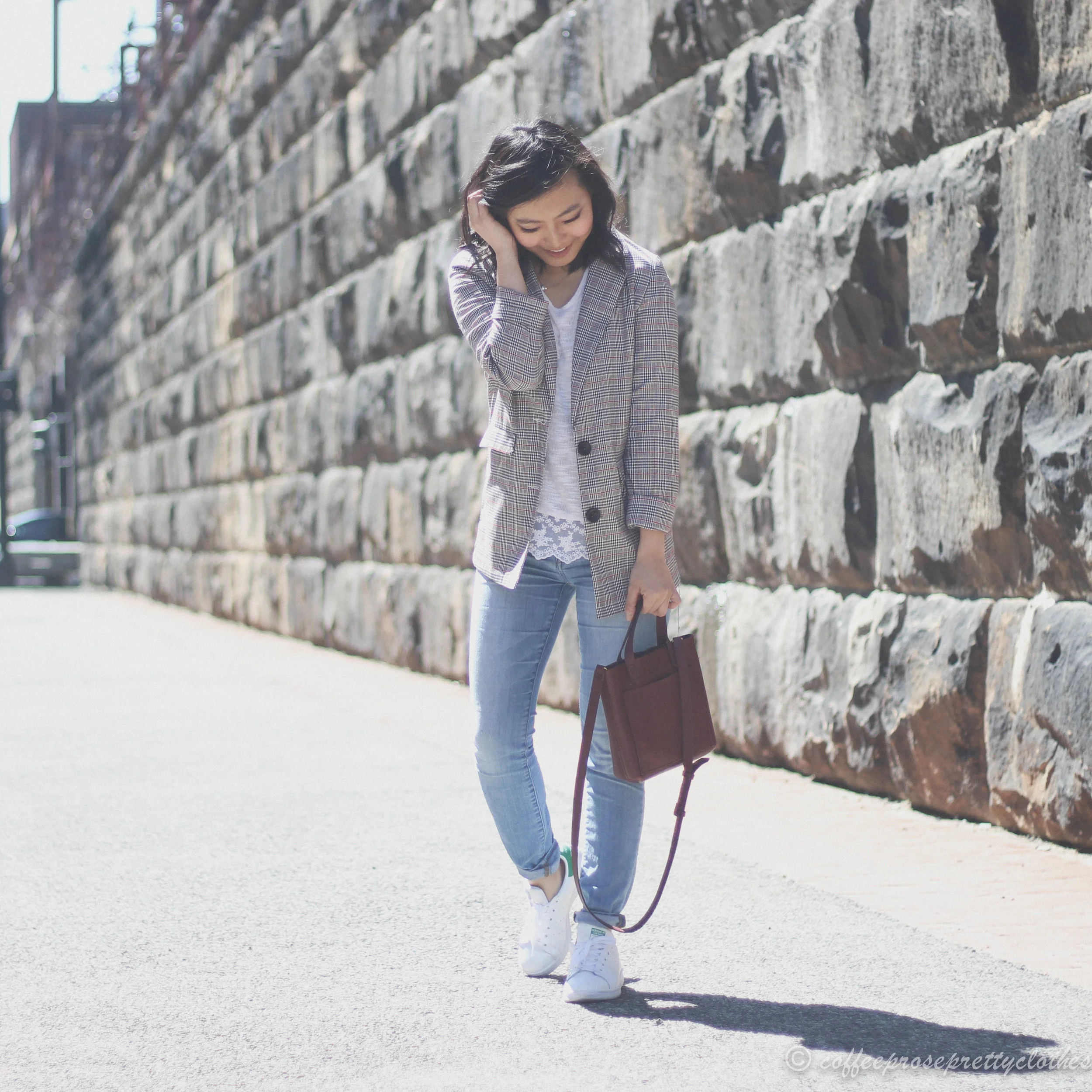 ASOS Blazer, H&M lace hem sweater, Adidas Stan Smith, Madewell Small Transport crossbody