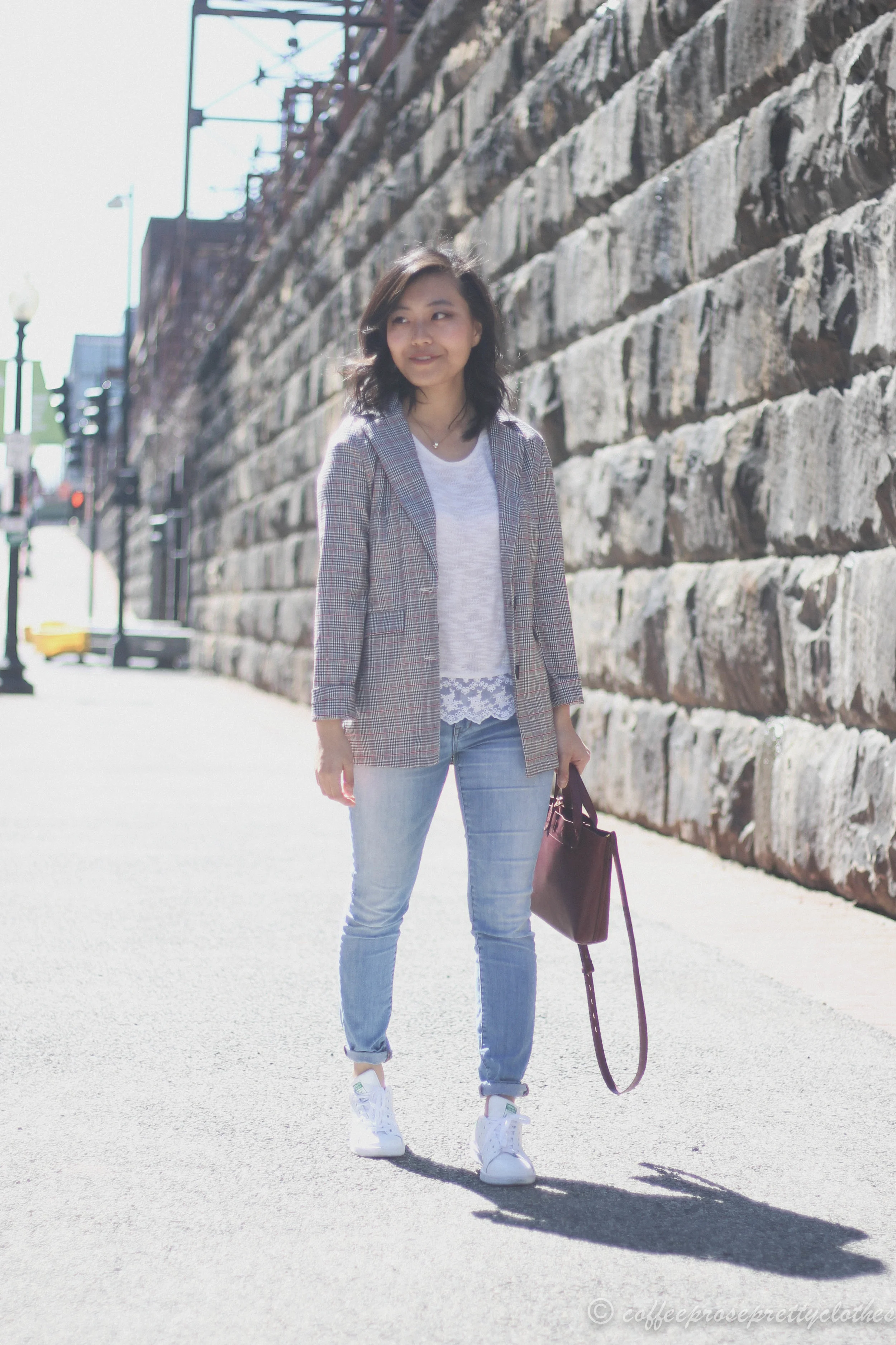 ASOS Blazer, H&M lace hem sweater, Adidas Stan Smith, Madewell Small Transport crossbody