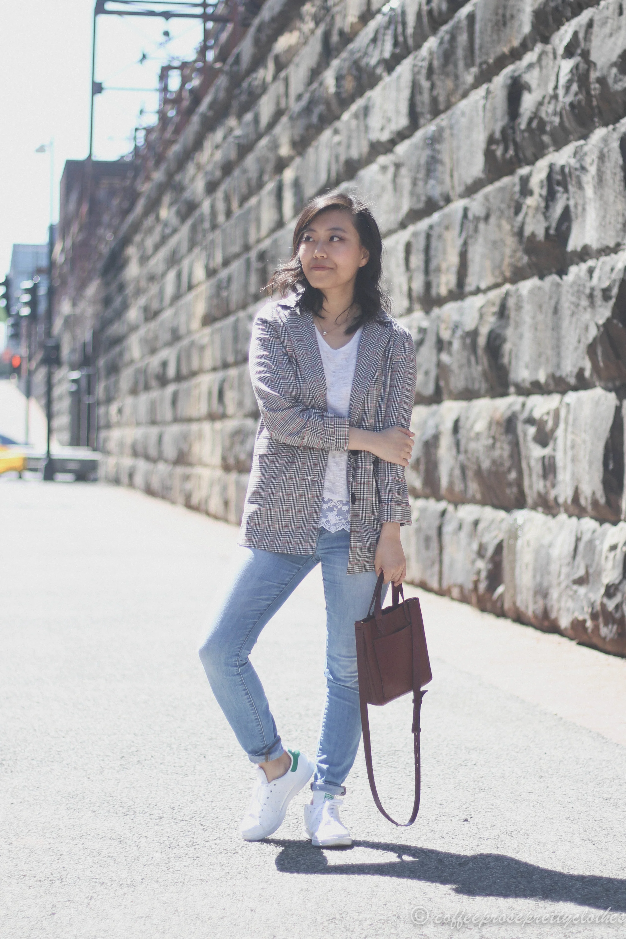 ASOS Blazer, H&M lace hem sweater, Adidas Stan Smith, Madewell Small Transport crossbody