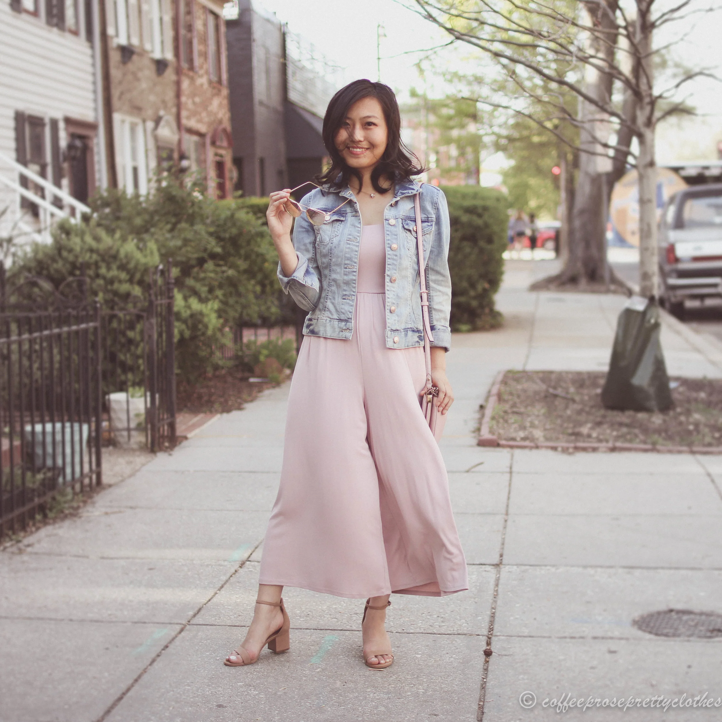 Urban Outfitters culottes jumpsuit, Steve Madden Irenee sandals, Kate Spade bag, blush outfit, H&amp;M denim jacket