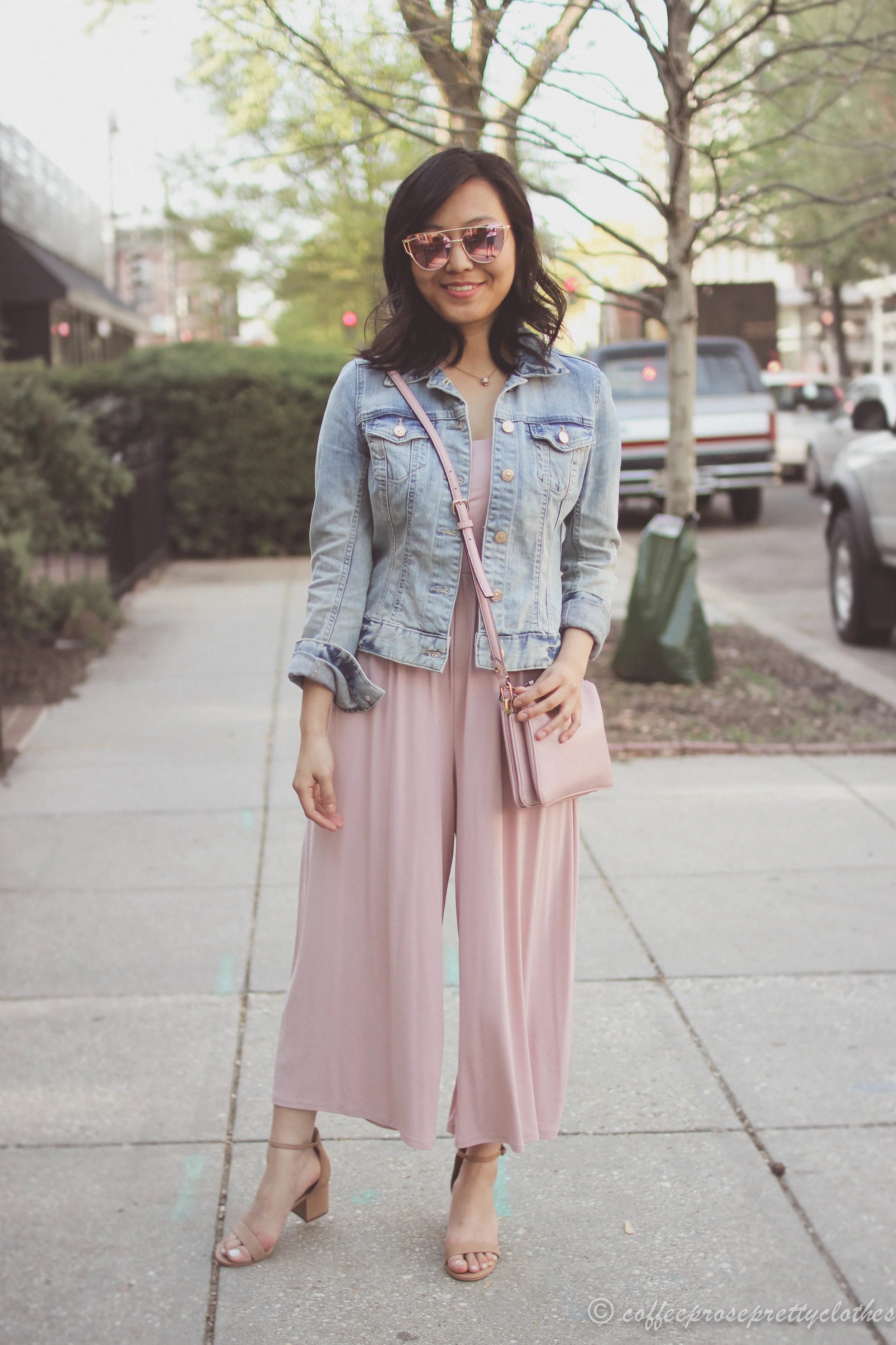 Urban Outfitters culottes jumpsuit, Steve Madden Irenee sandals, Kate Spade bag, blush outfit, H&amp;M denim jacket