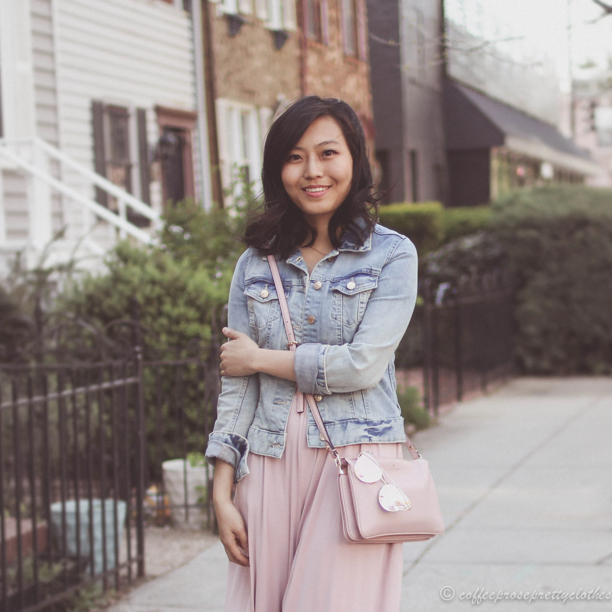 Urban Outfitters culottes jumpsuit, Steve Madden Irenee sandals, Kate Spade bag, blush outfit, H&amp;M denim jacket