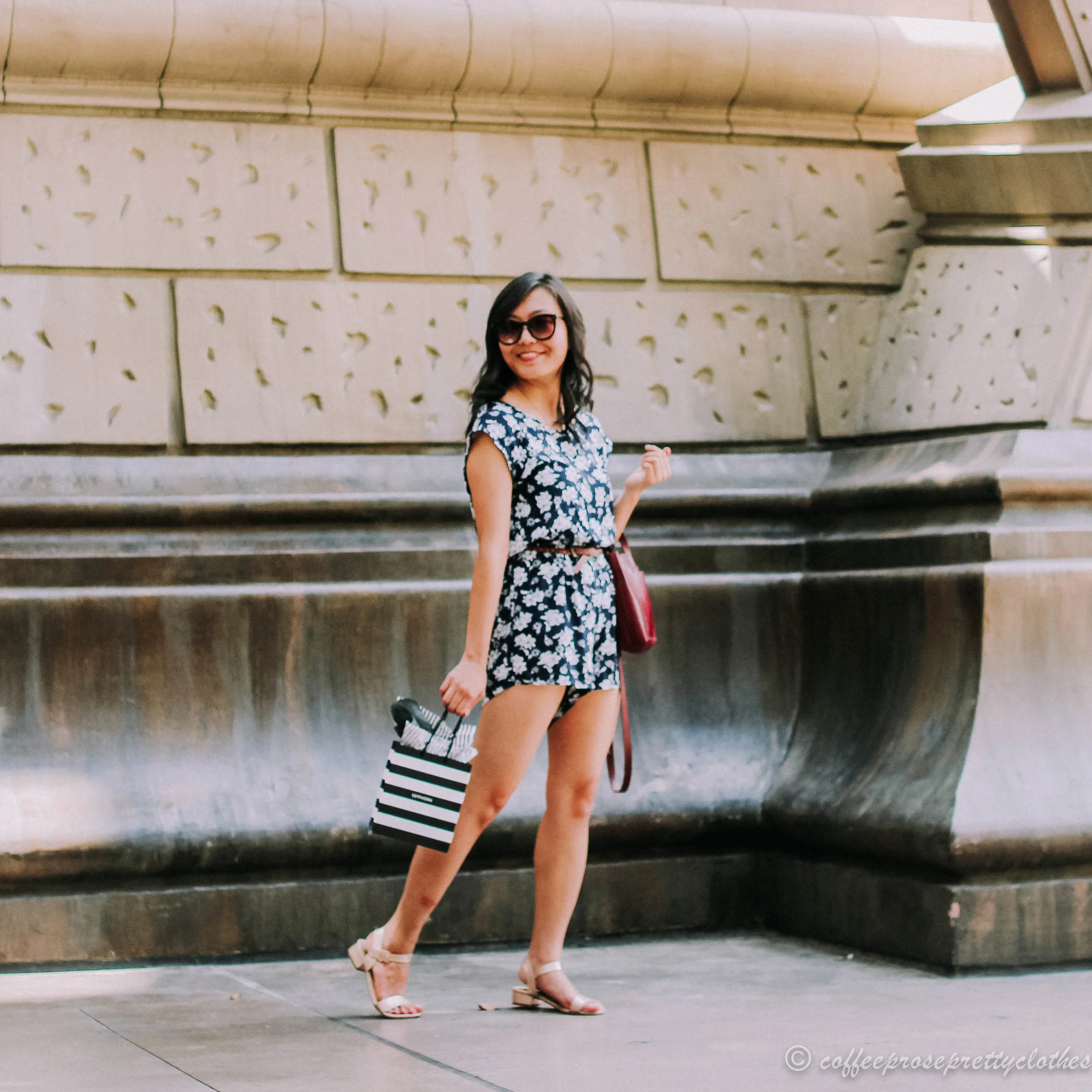 Floral Romper and Burgundy Bag