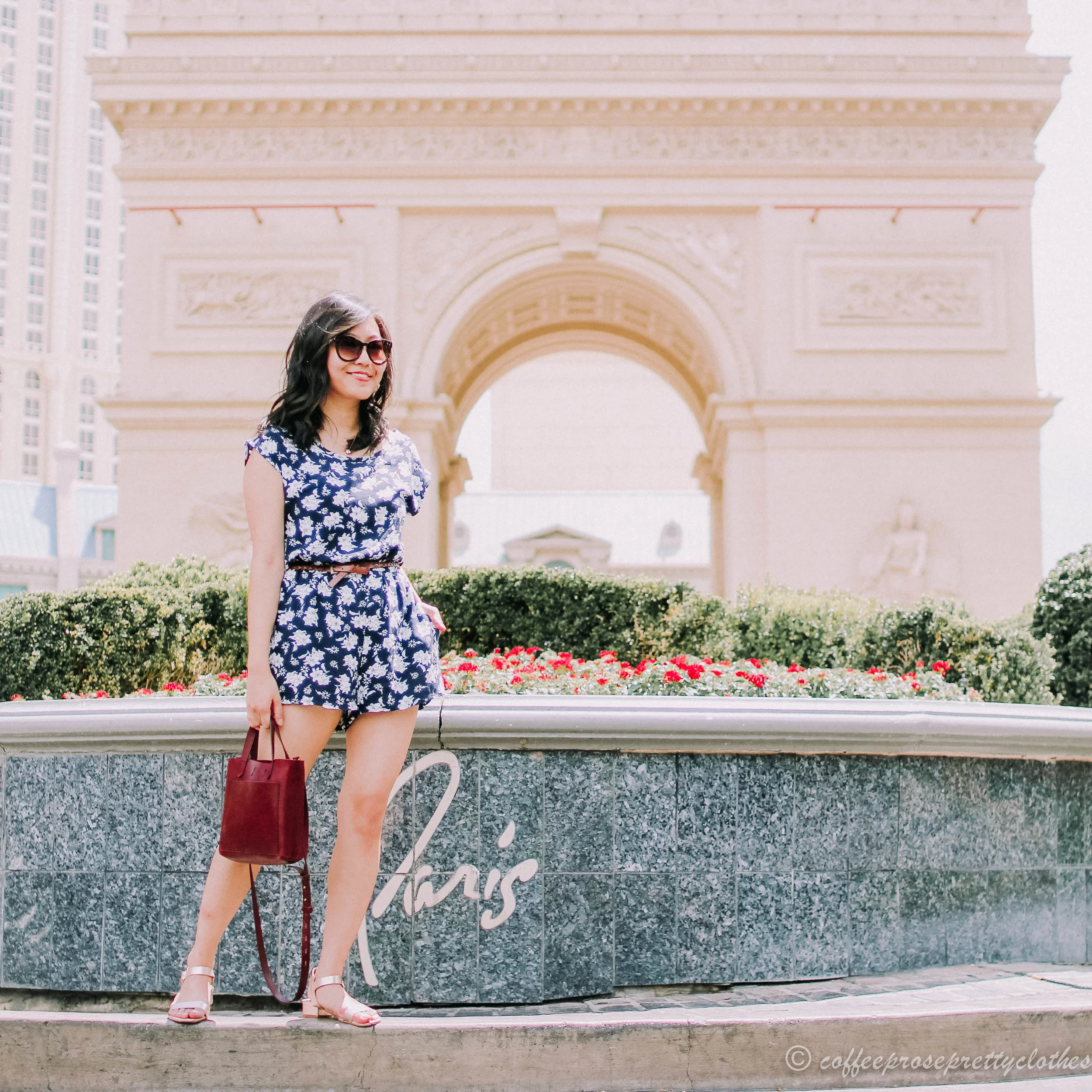 Floral Romper and Burgundy Bag