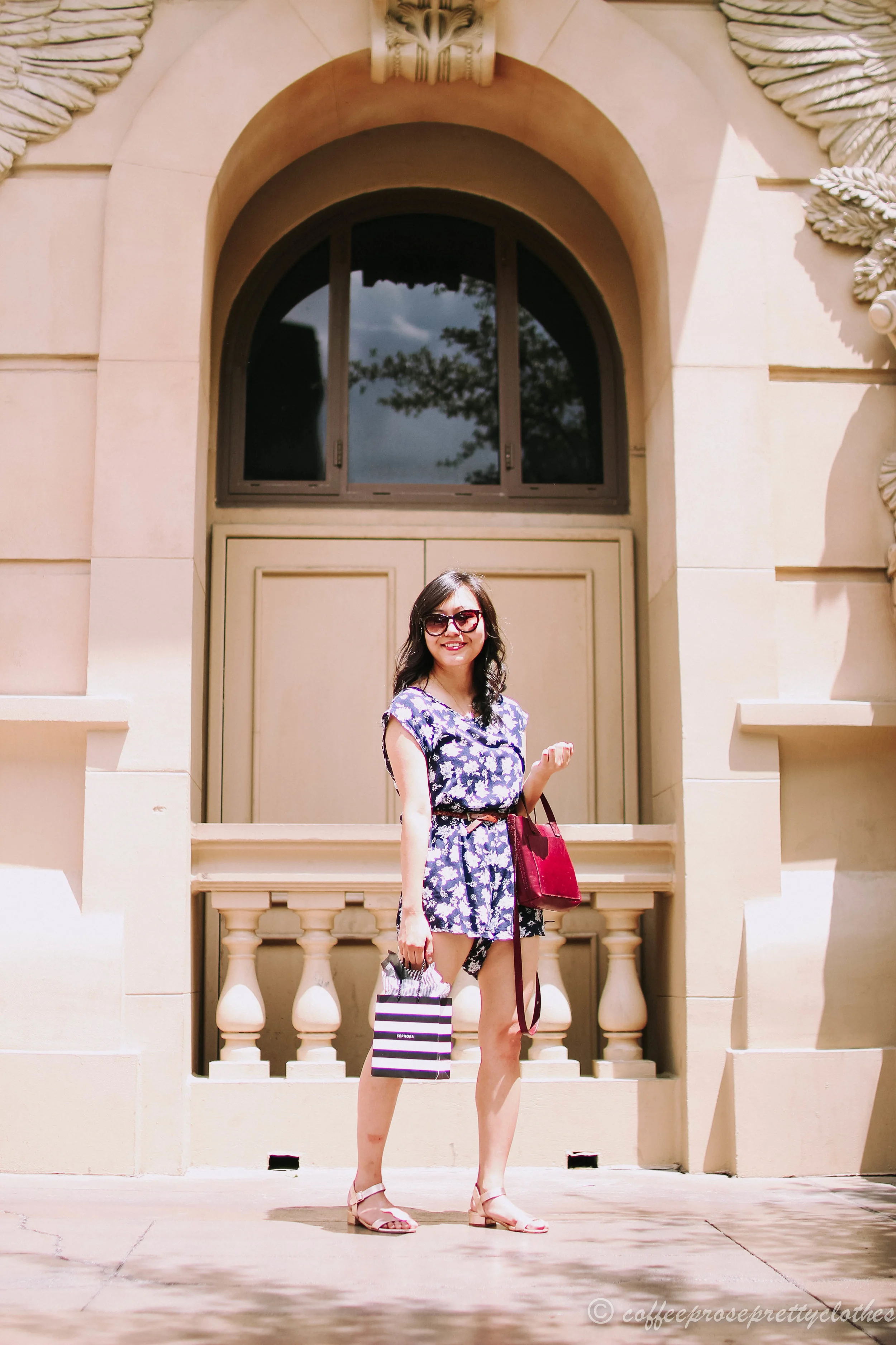 Floral Romper and Burgundy Bag