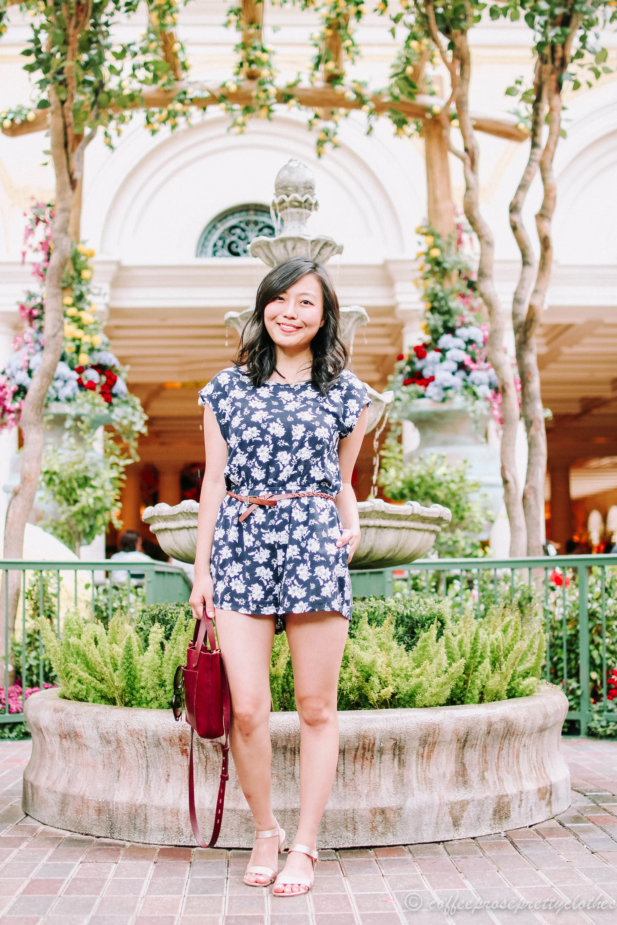 Floral Romper and Burgundy Bag
