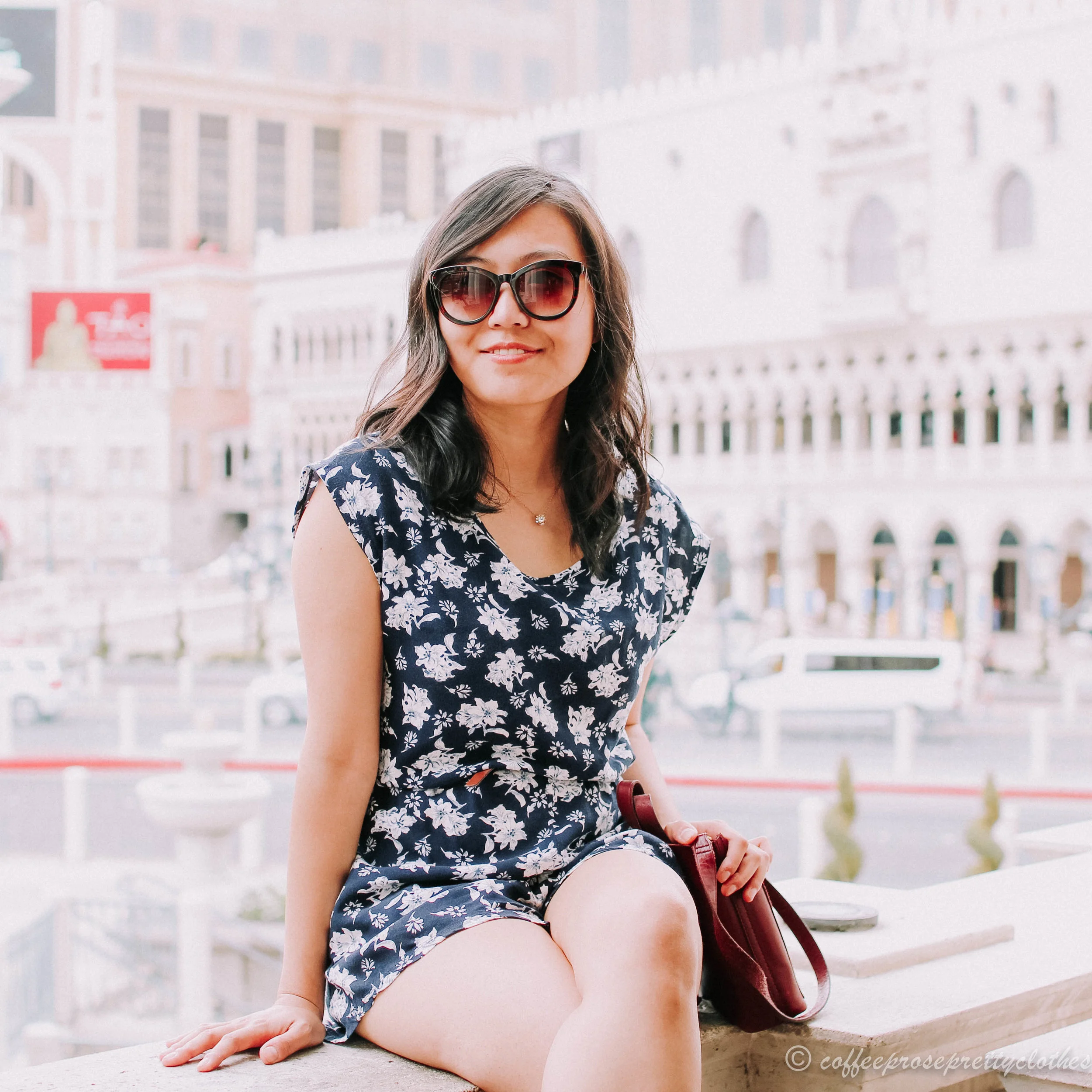 Floral Romper and Burgundy Bag