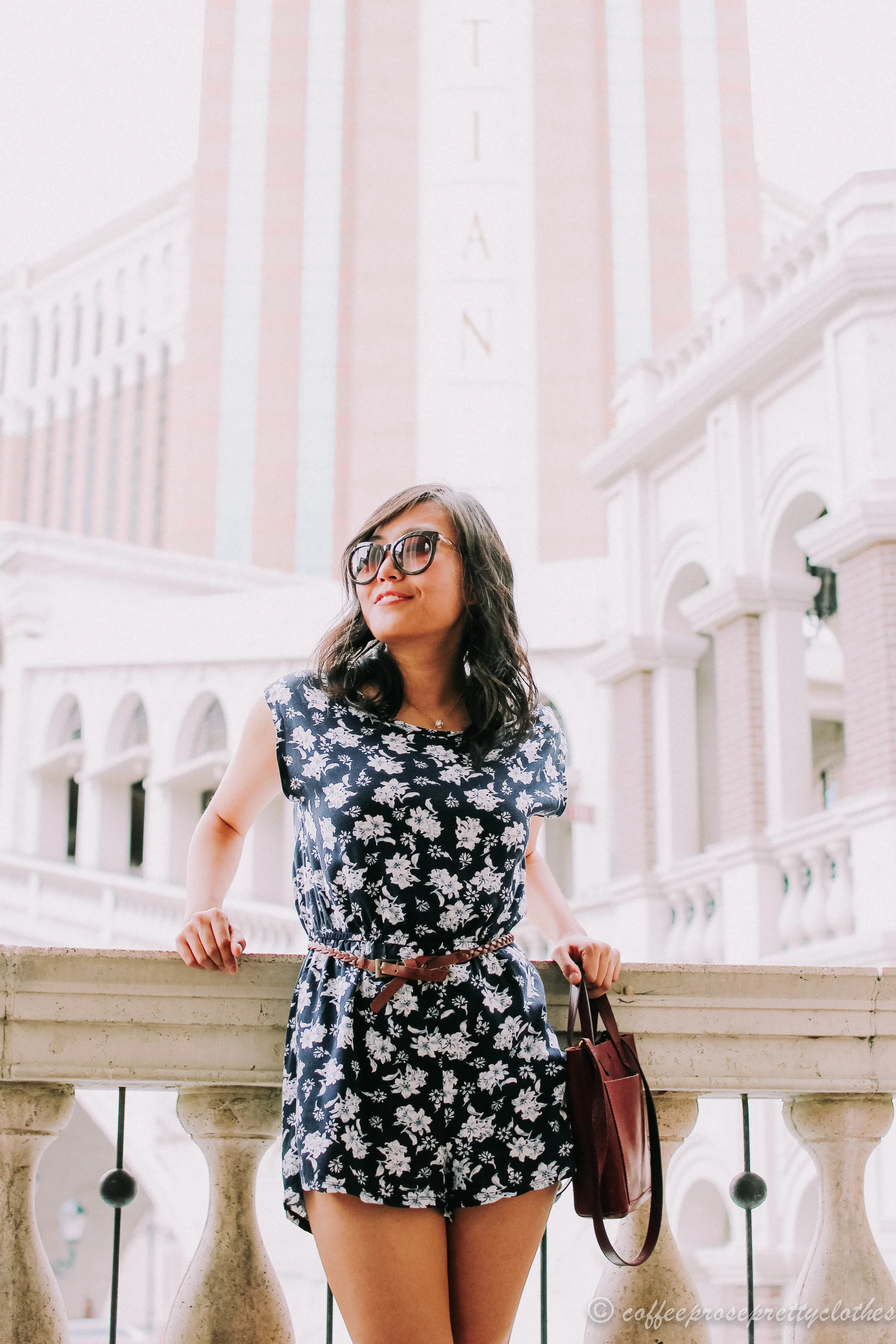 Floral Romper and Burgundy Bag