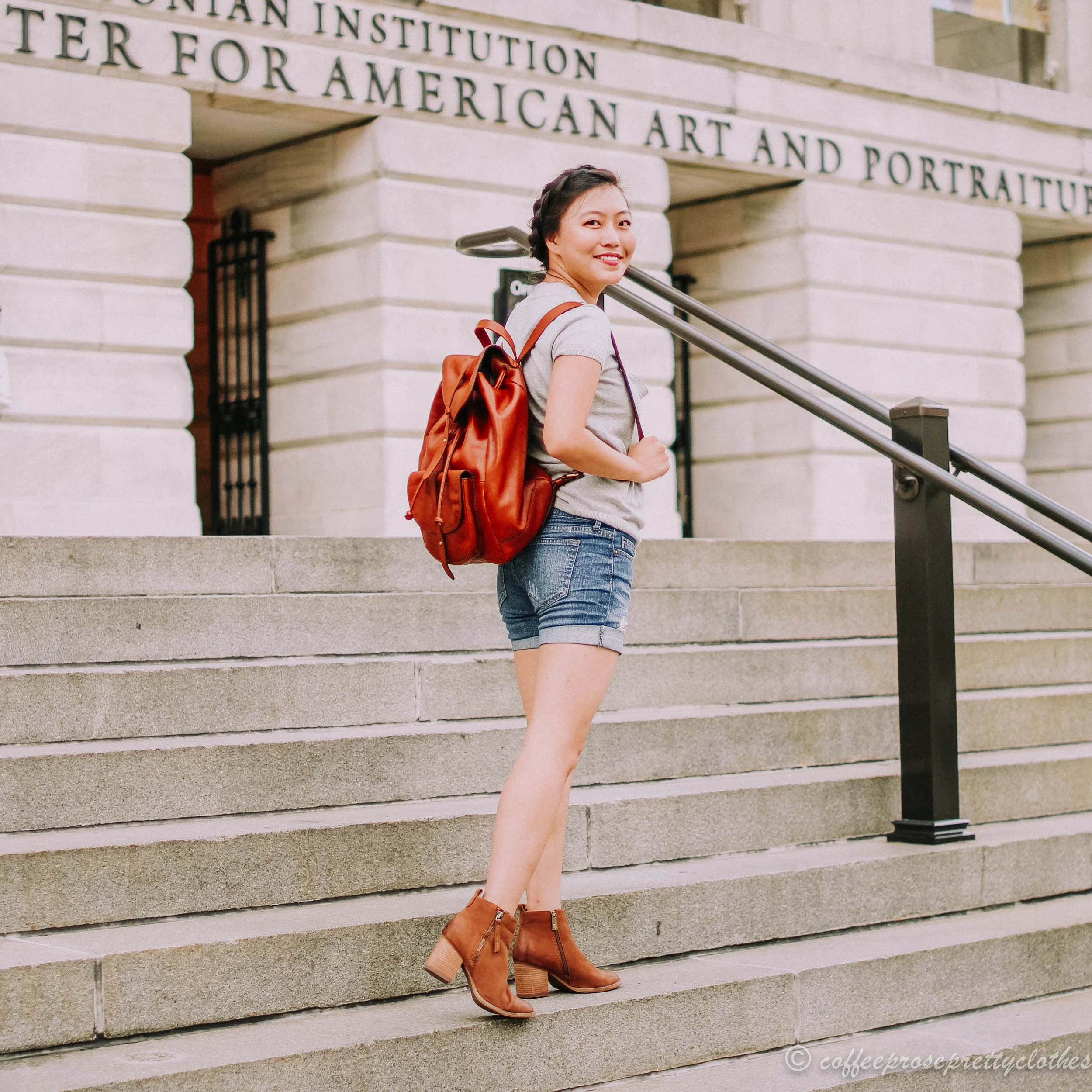 Madewell Transport Rucksack, Blondo waterproof booties, J.Crew Factory sweater, H&amp;M shorts