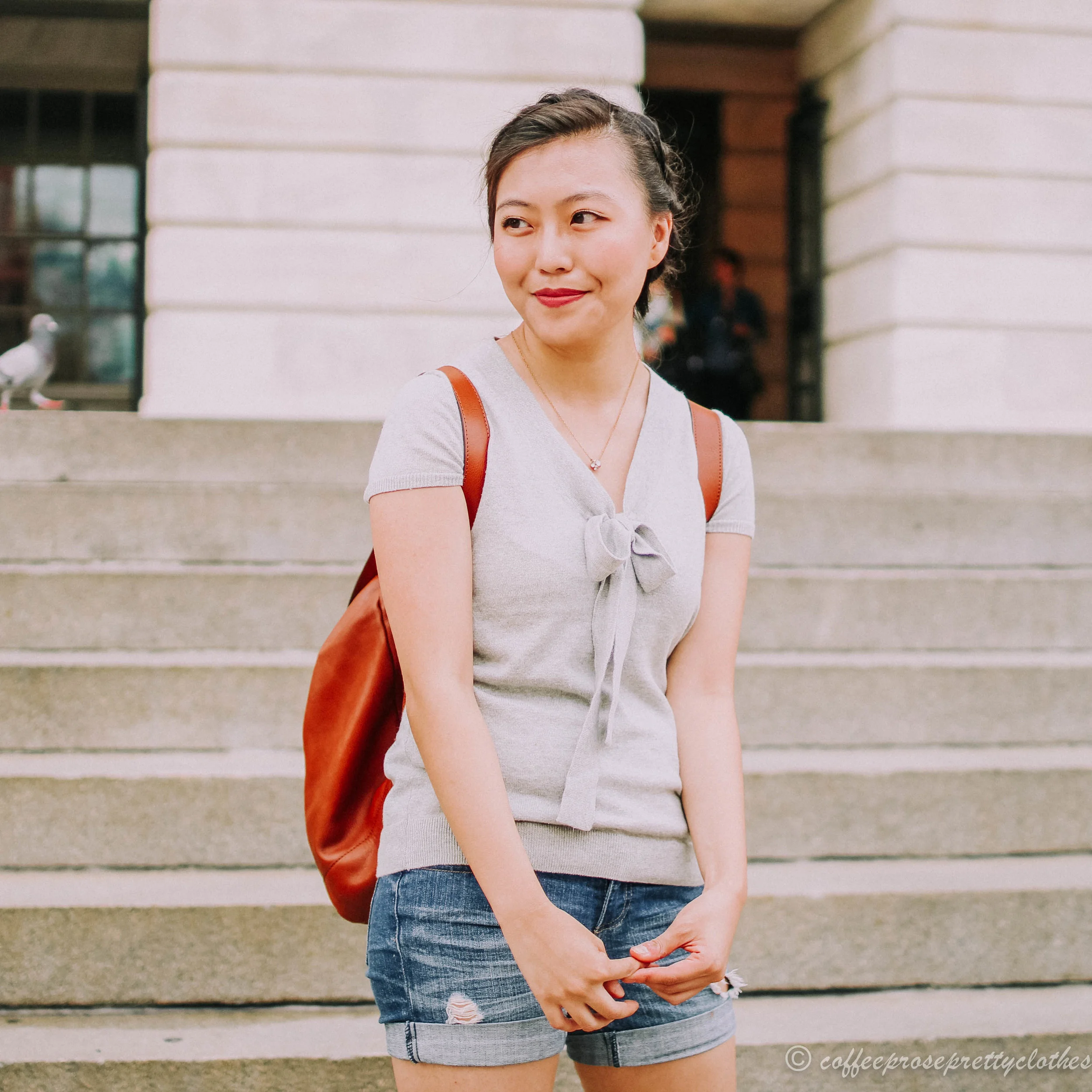 Madewell Transport Rucksack, Blondo waterproof booties, J.Crew Factory sweater, H&amp;M shorts