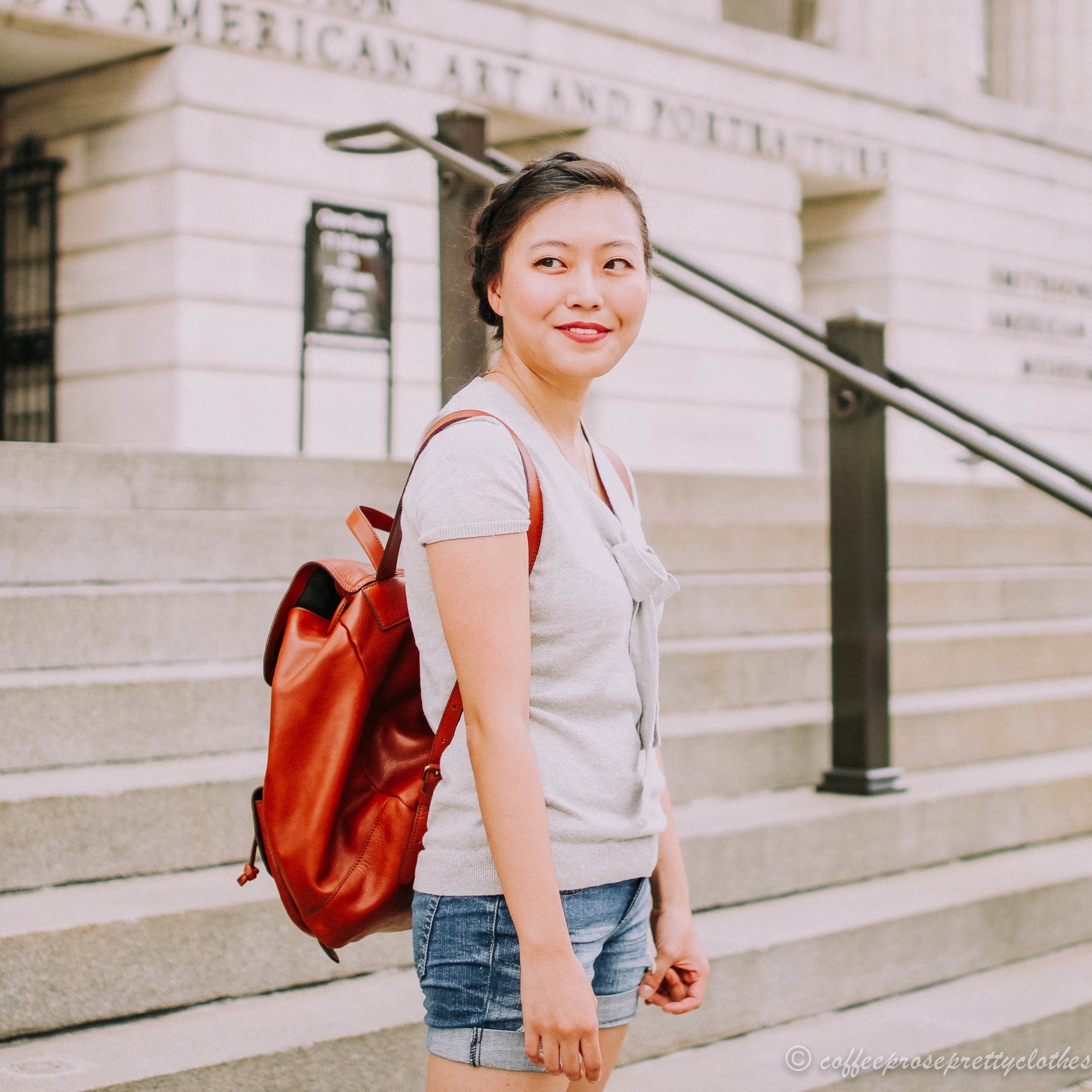 Madewell Transport Rucksack, Blondo waterproof booties, J.Crew Factory sweater, H&amp;M shorts