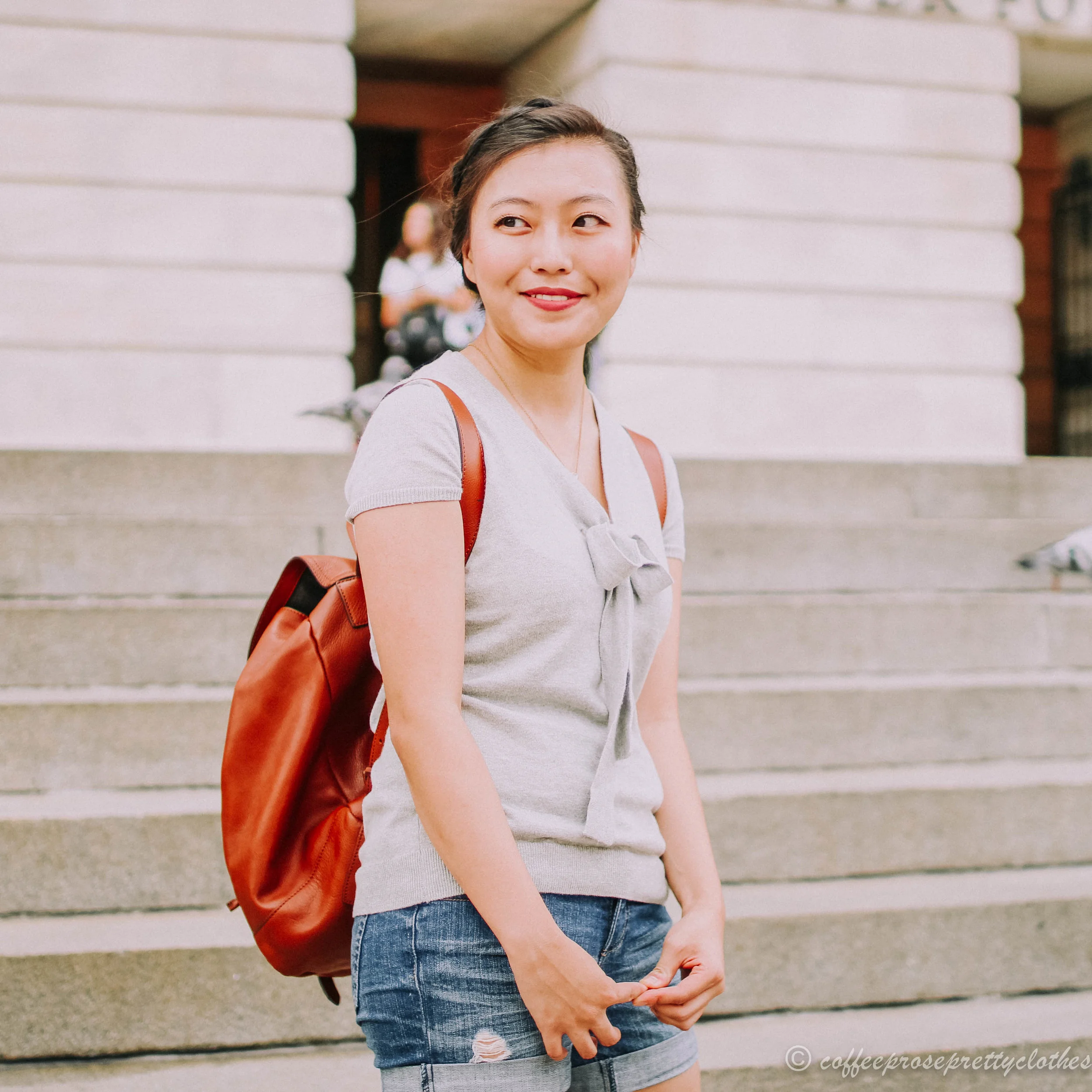 Madewell Transport Rucksack, Blondo waterproof booties, J.Crew Factory sweater, H&amp;M shorts